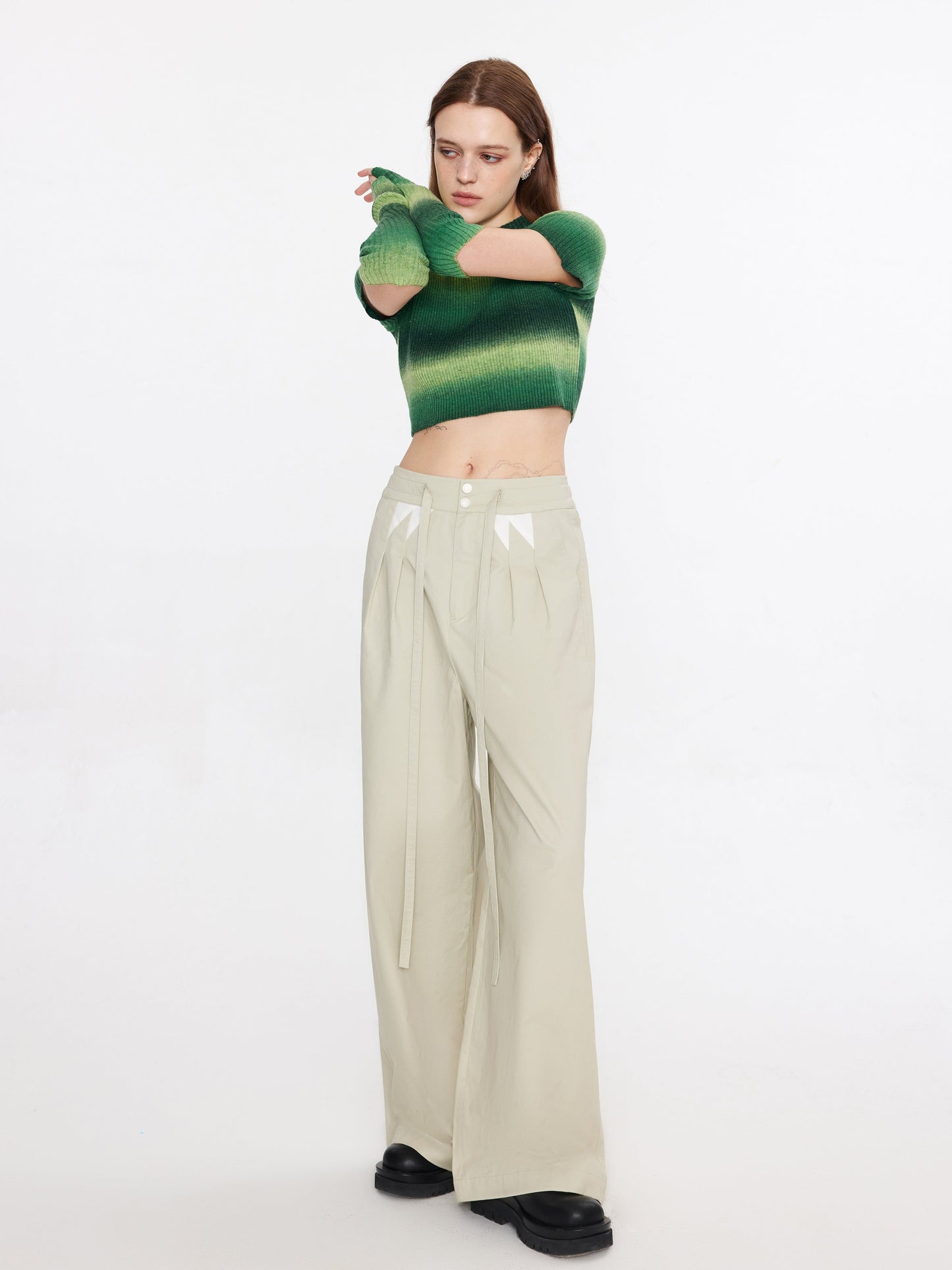 Striped Cropped Knit T-Shirt With Sleeves