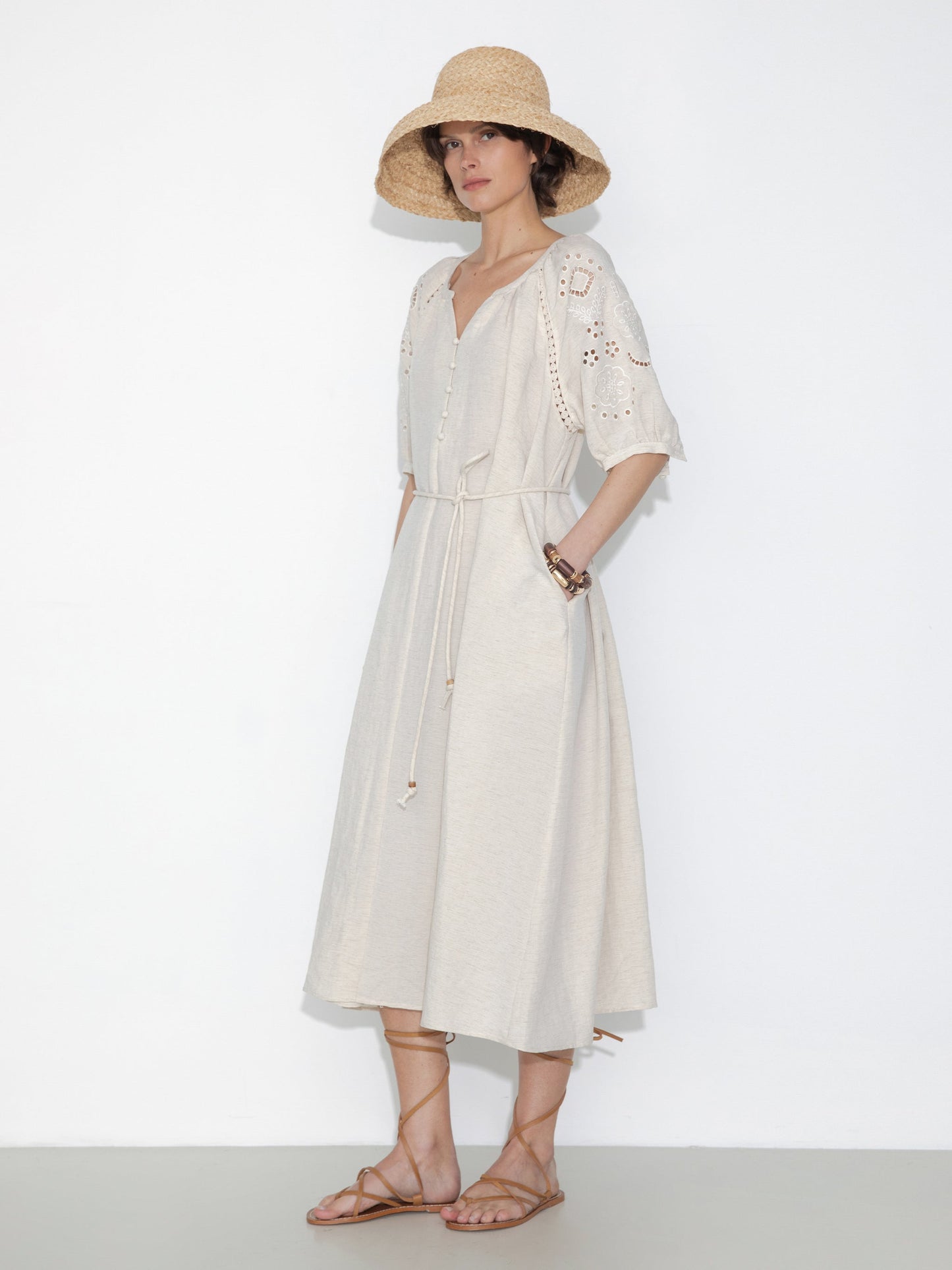 Loose-Fit Eyelet Embroidered Short-Sleeve Dress