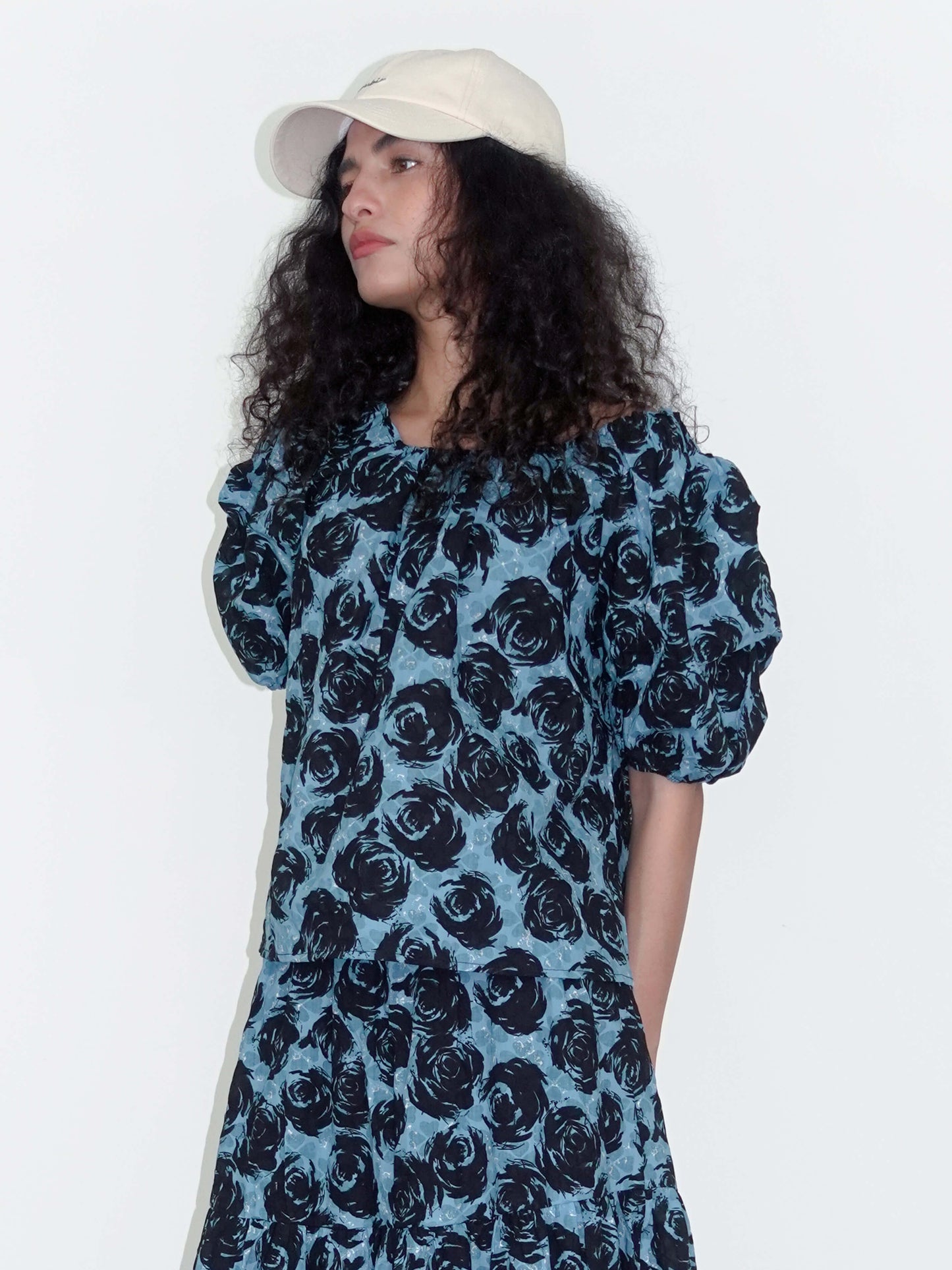 Puff Sleeve Rose Print Cotton T-shirt