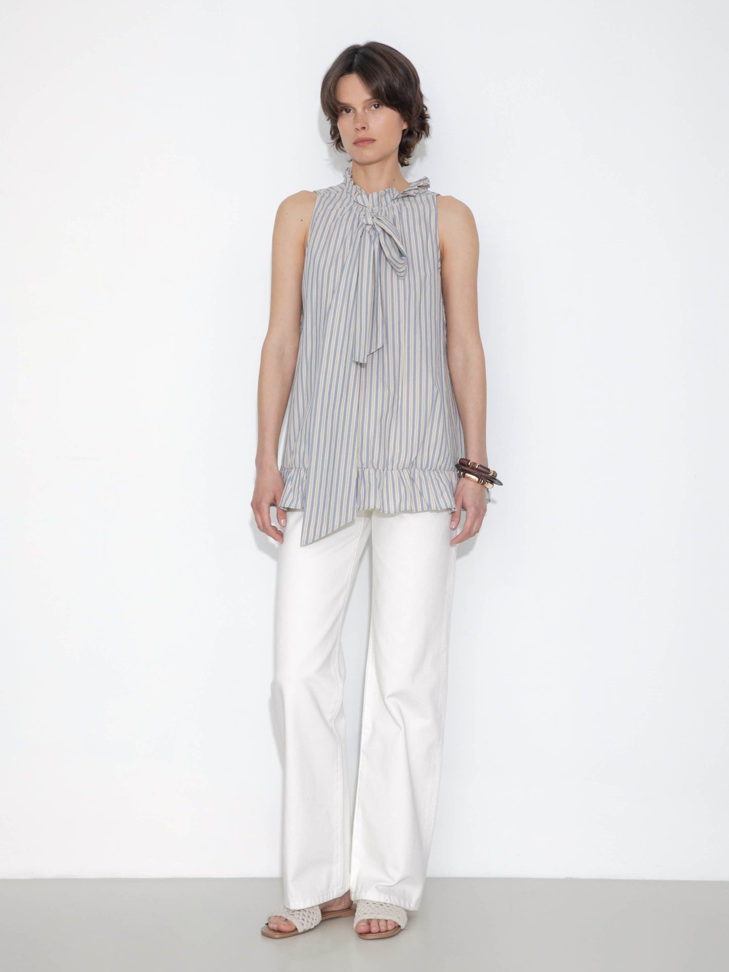 Ruffle Stand Collar Tie A-line Tank Top