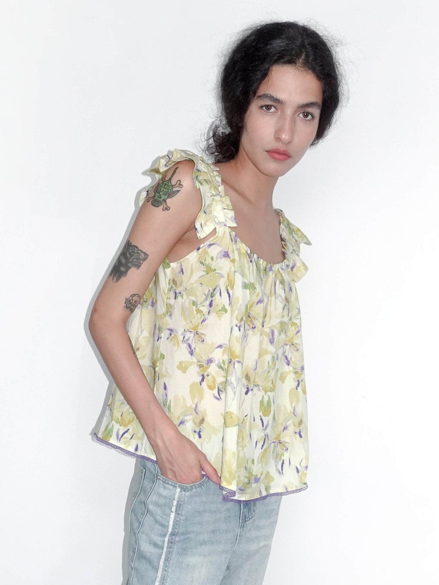 Yellow Floral Print Ruffle Cami Top