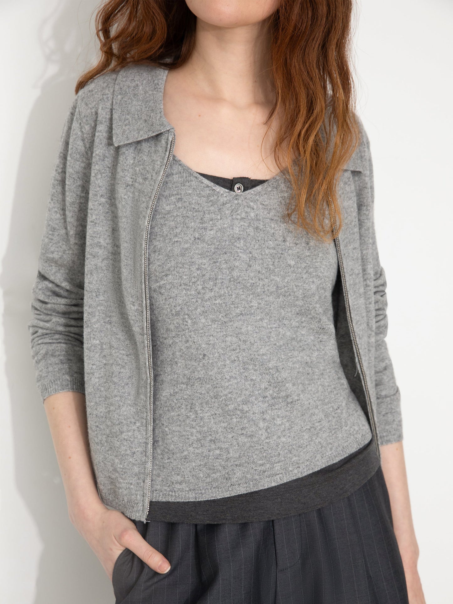 Zip-Up Collared Cropped Knit Cardigan & Vest Set