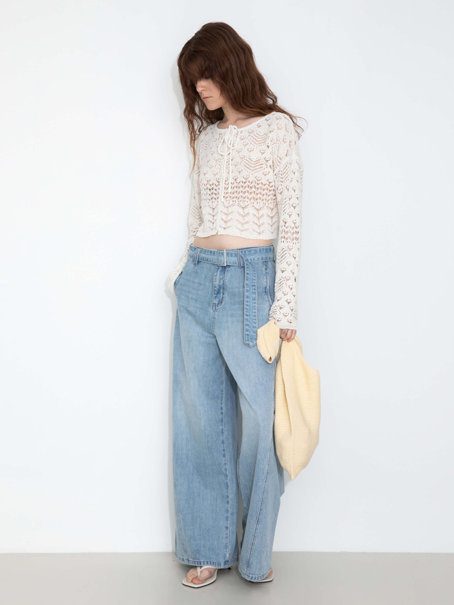 Tie Hollow-Out Knit Long Sleeve Cardigan