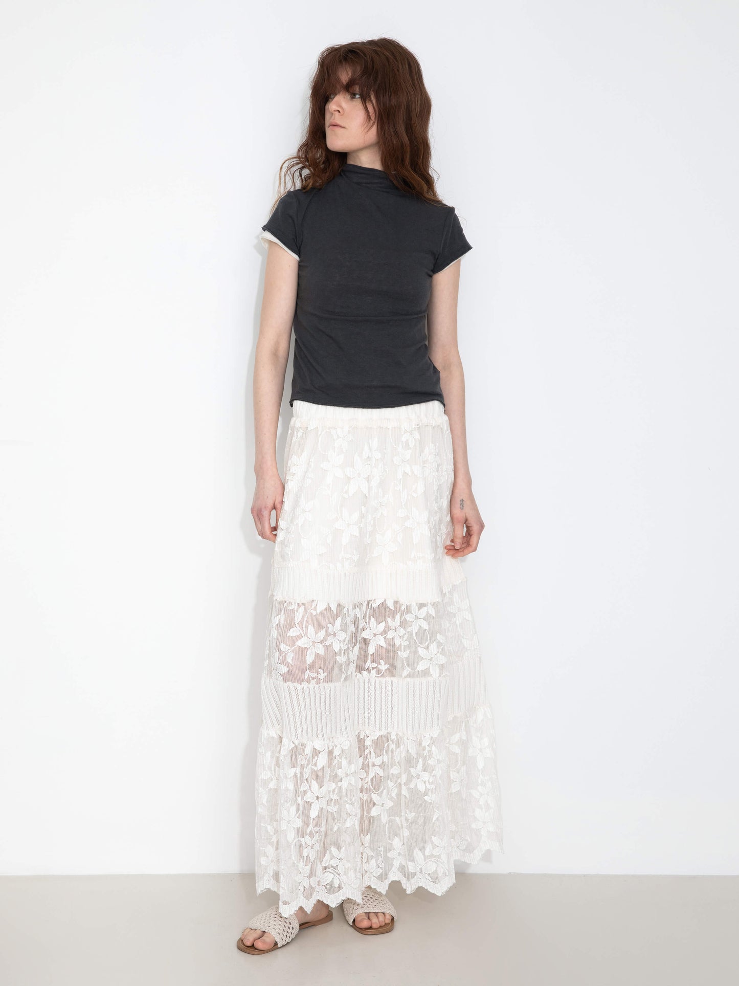 Textured Floral Print Lace Panel Skirt