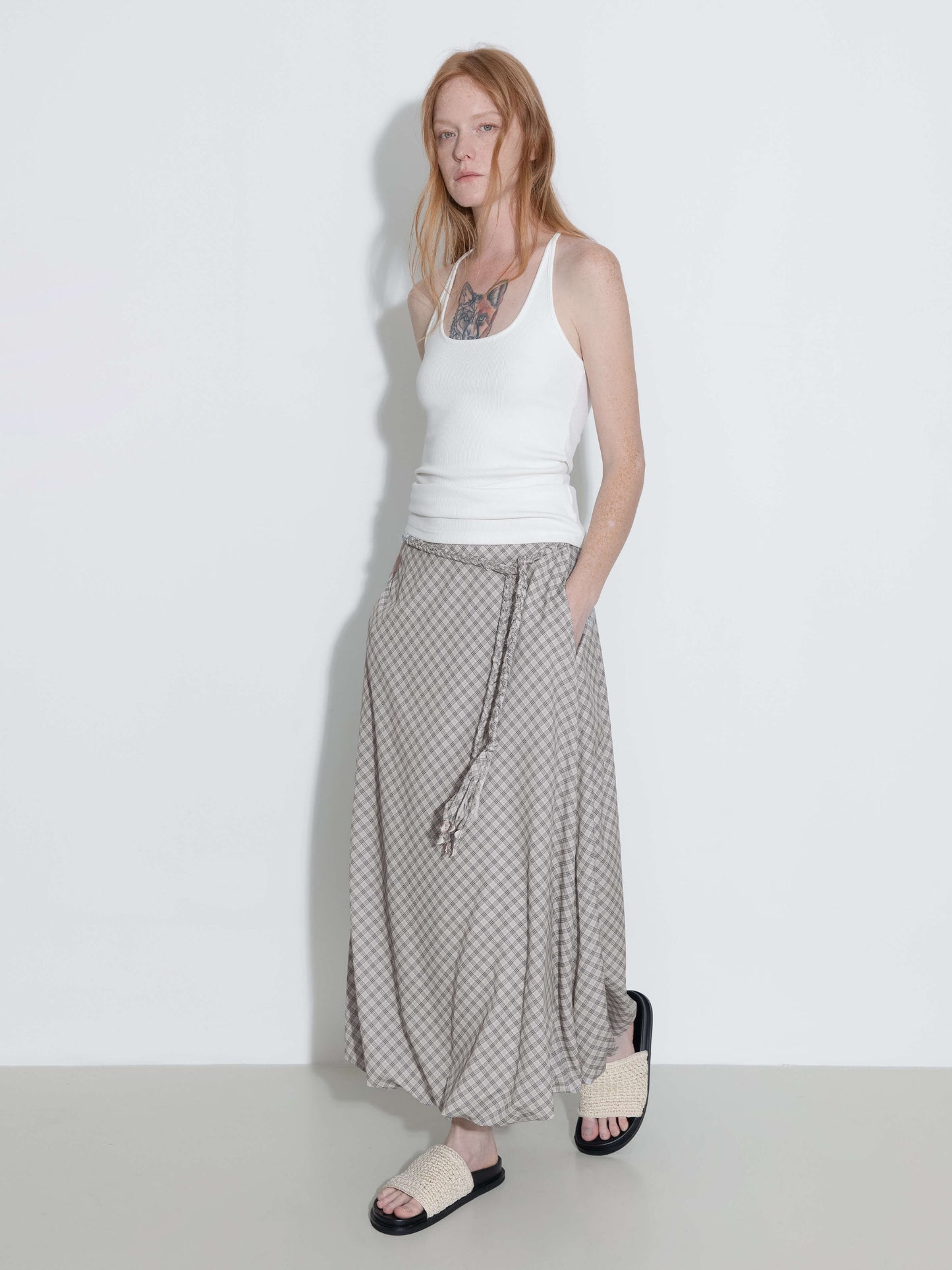 Plaid A-line Maxi Skirt with Belt