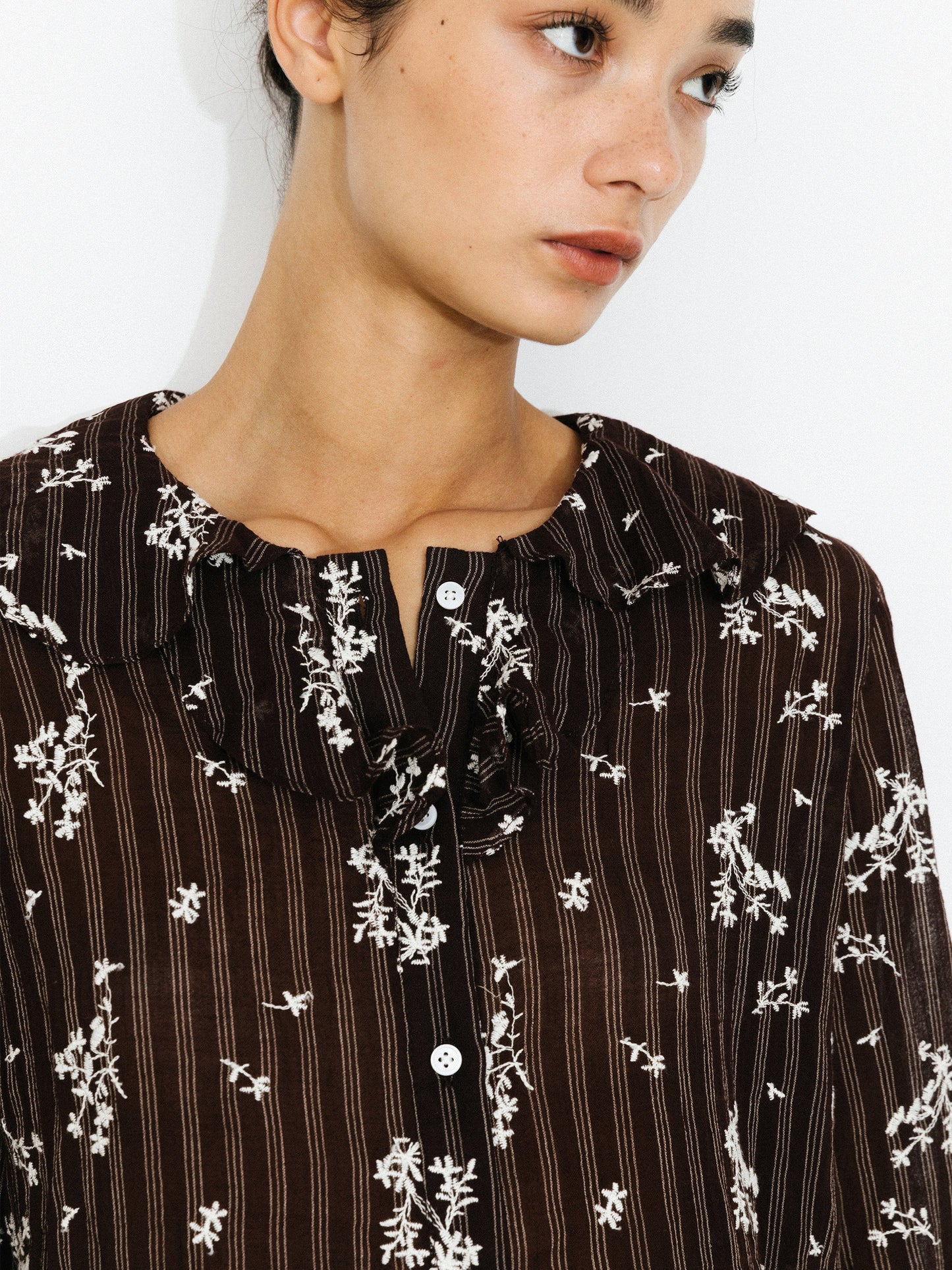 Striped Floral Ruffle Collar Cotton Shirt