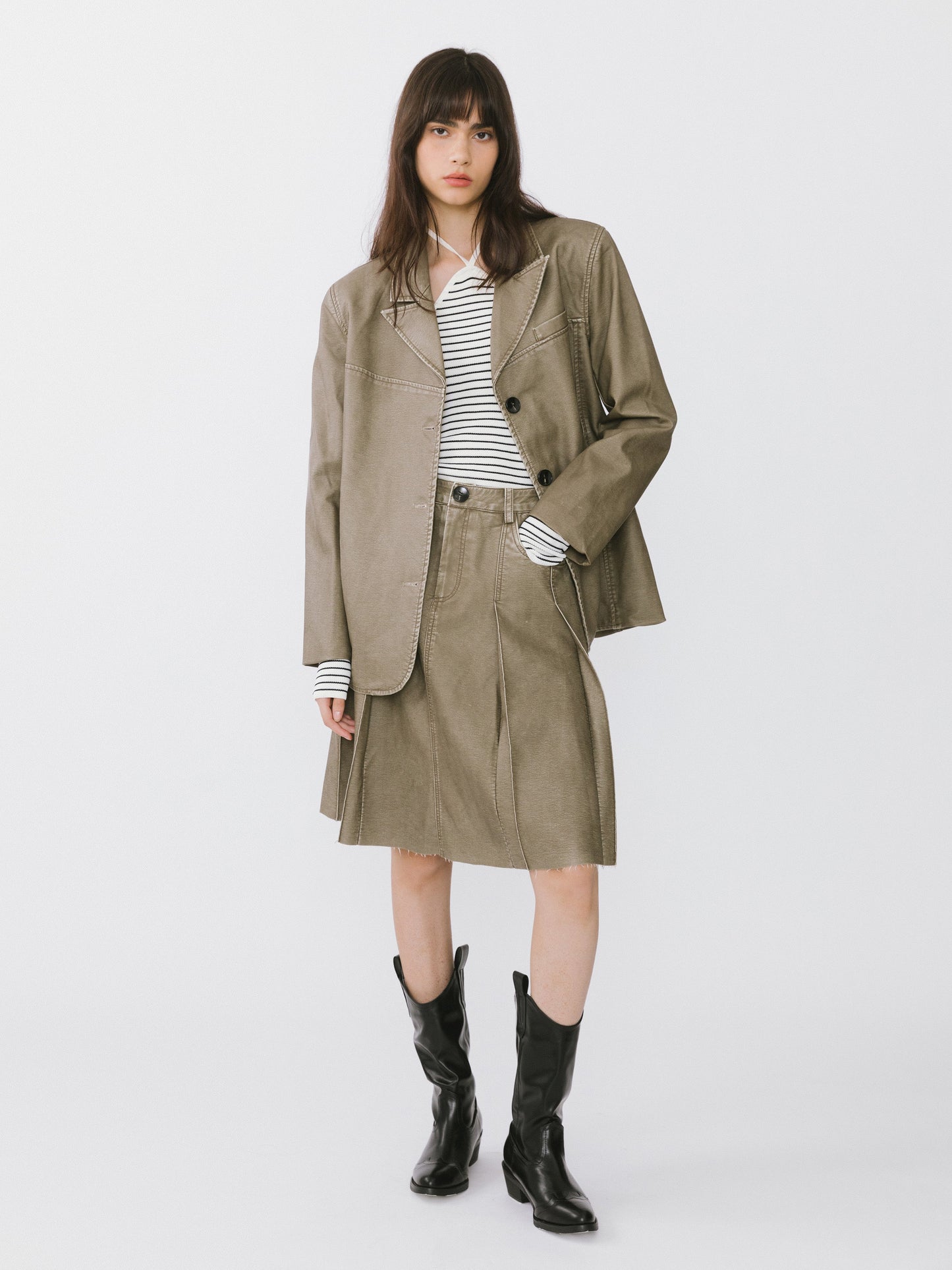 Raw Edge Pleated A-line Skirt