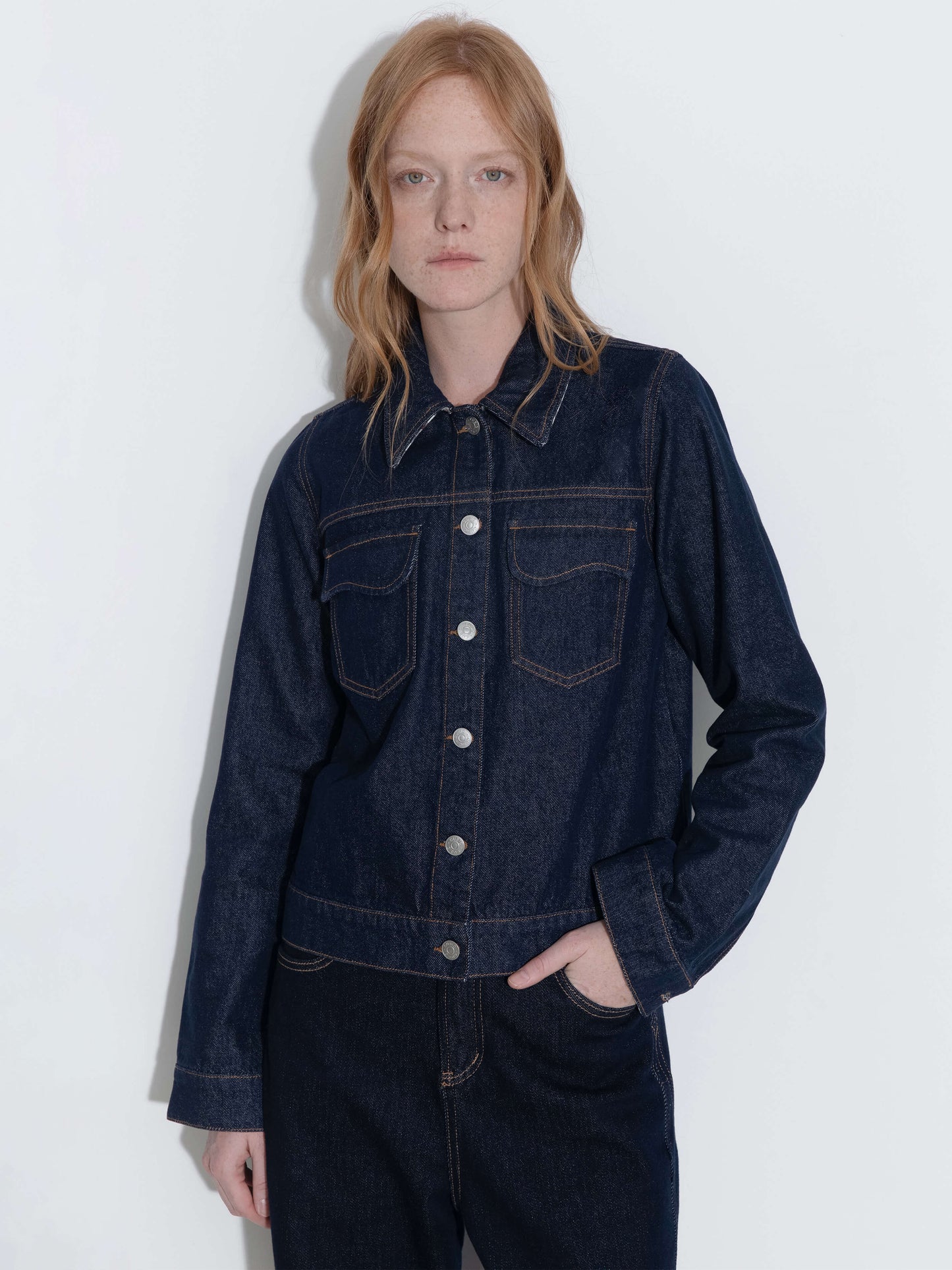 Color-Block High-Neck Denim Jacket