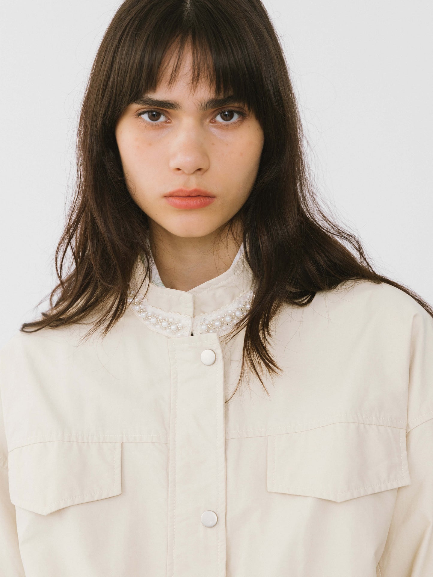 Beige Cargo Jacket With Pearl Neckline