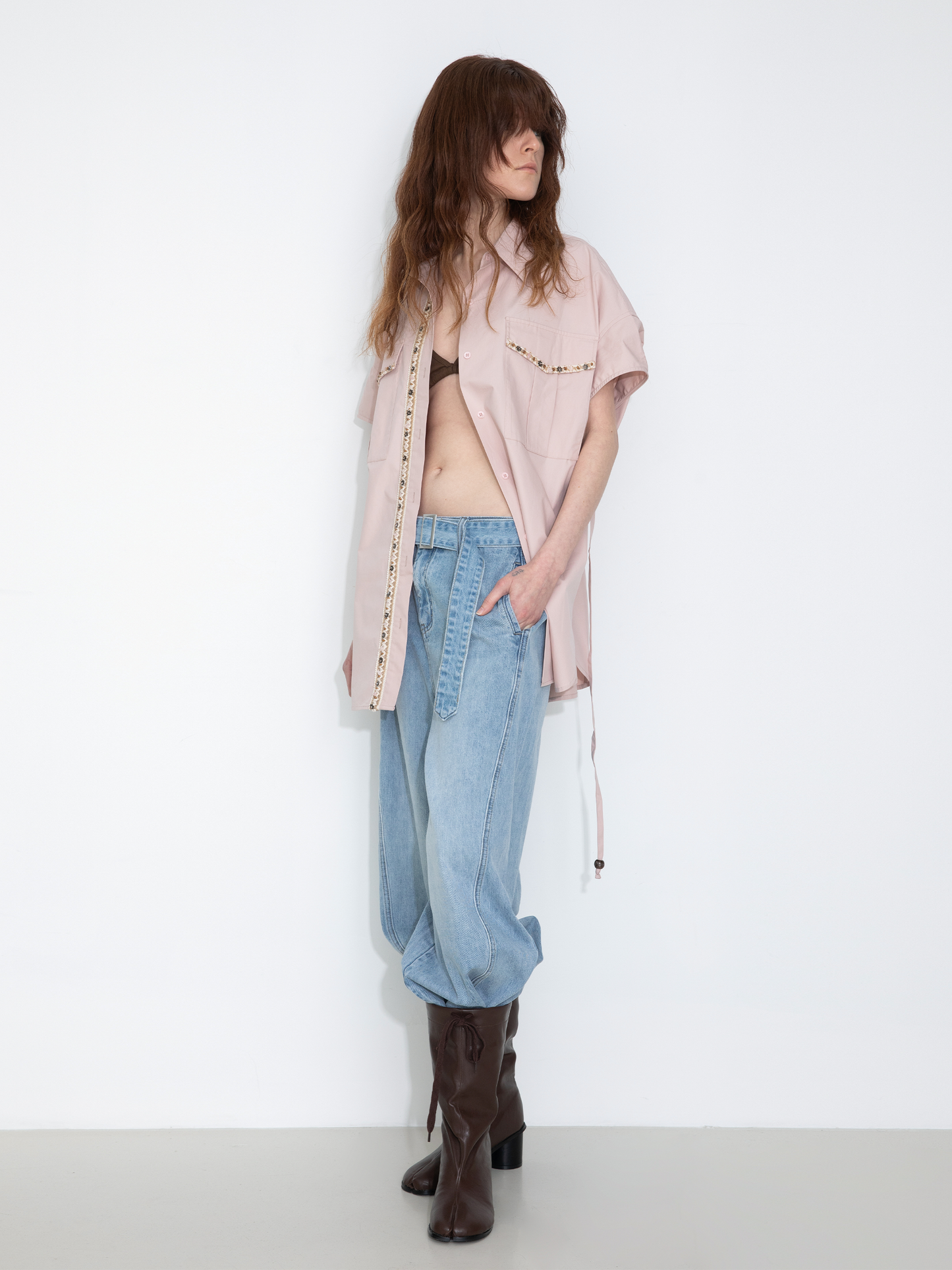 Beaded Placket Utility Short-Sleeve Shirt