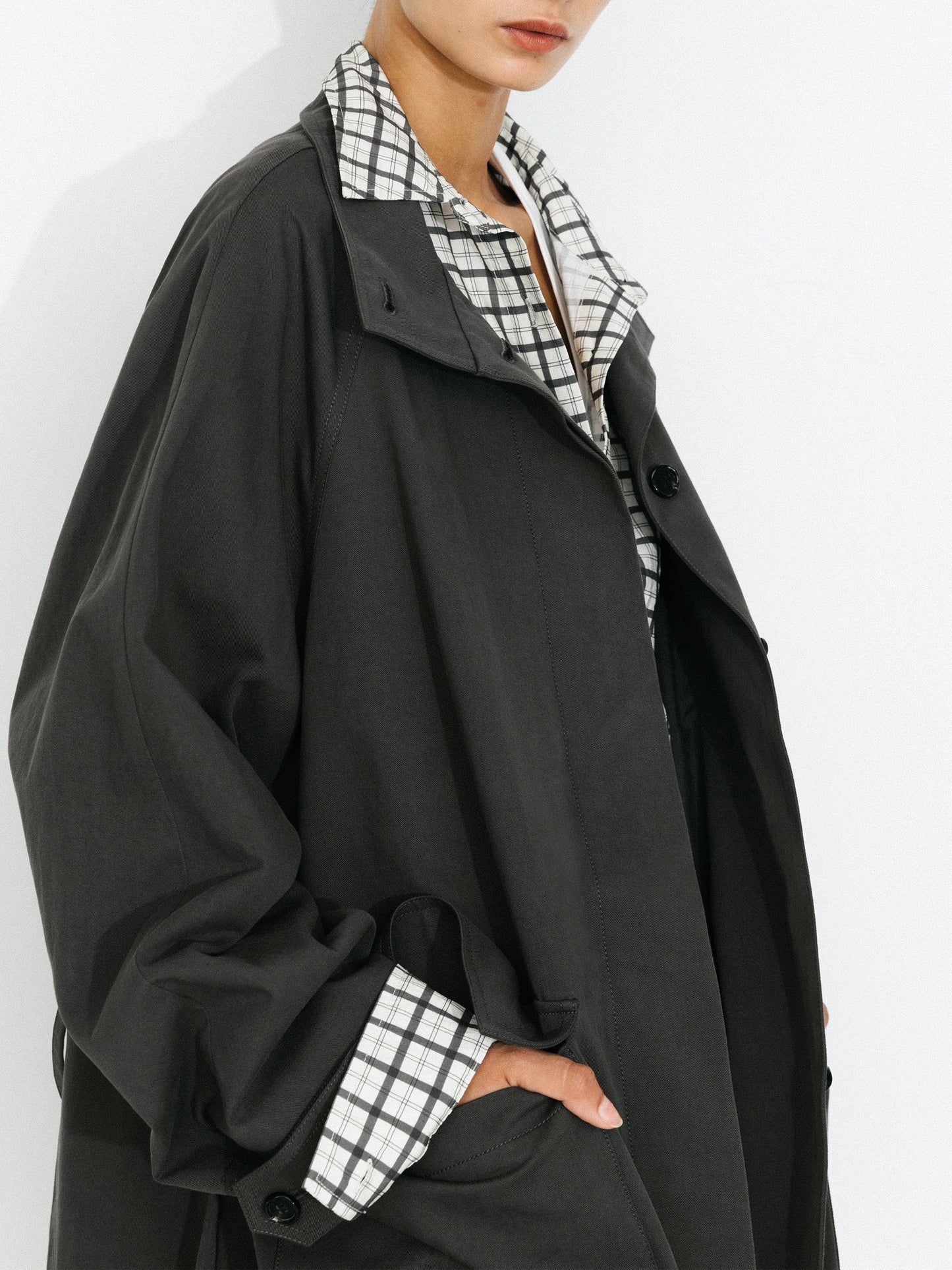 100% Cotton Stand Collar Mid-Length Tie-Waist Trench Coat