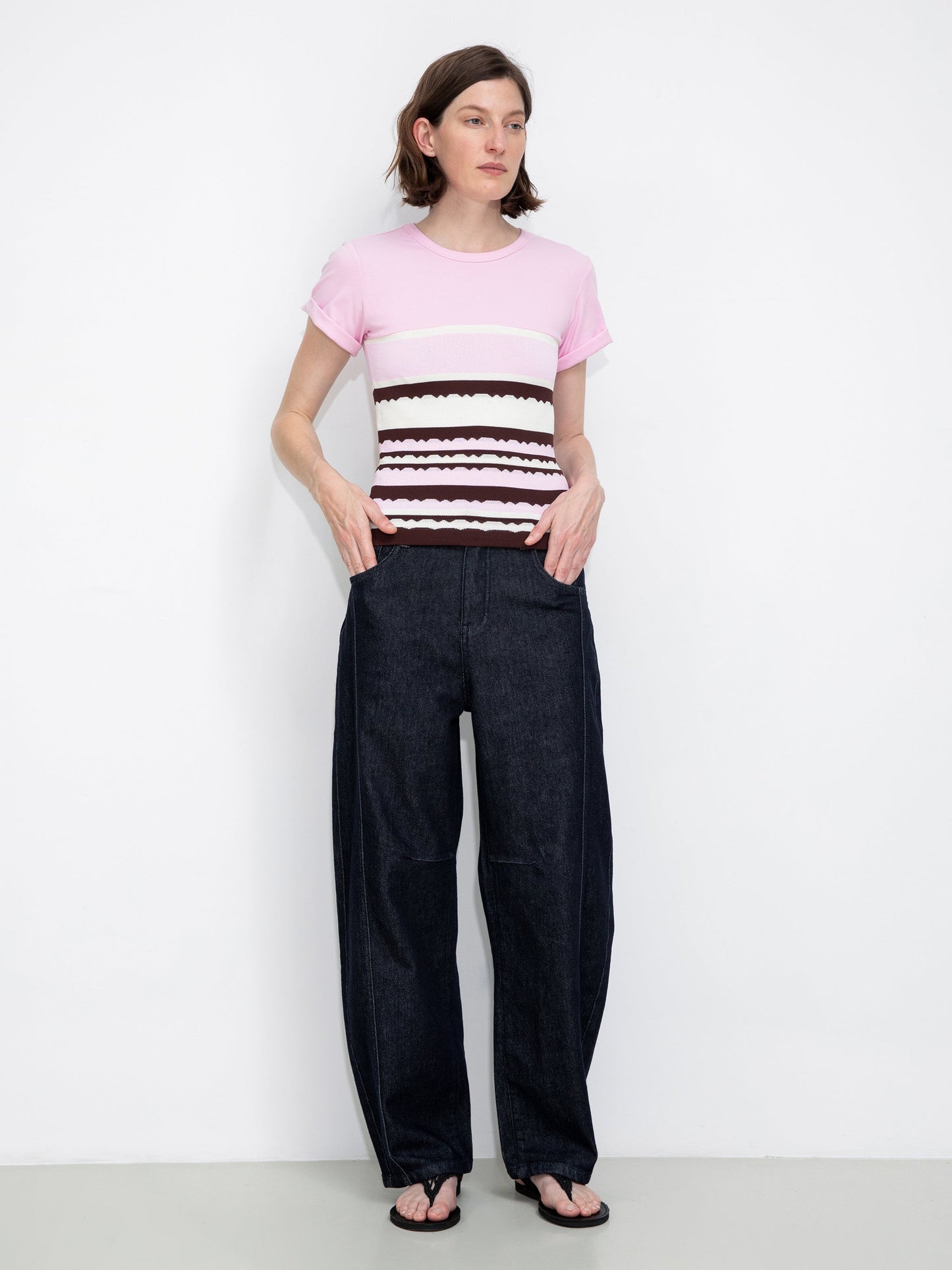 Round Neck Striped Color Block Knitted T-shirt