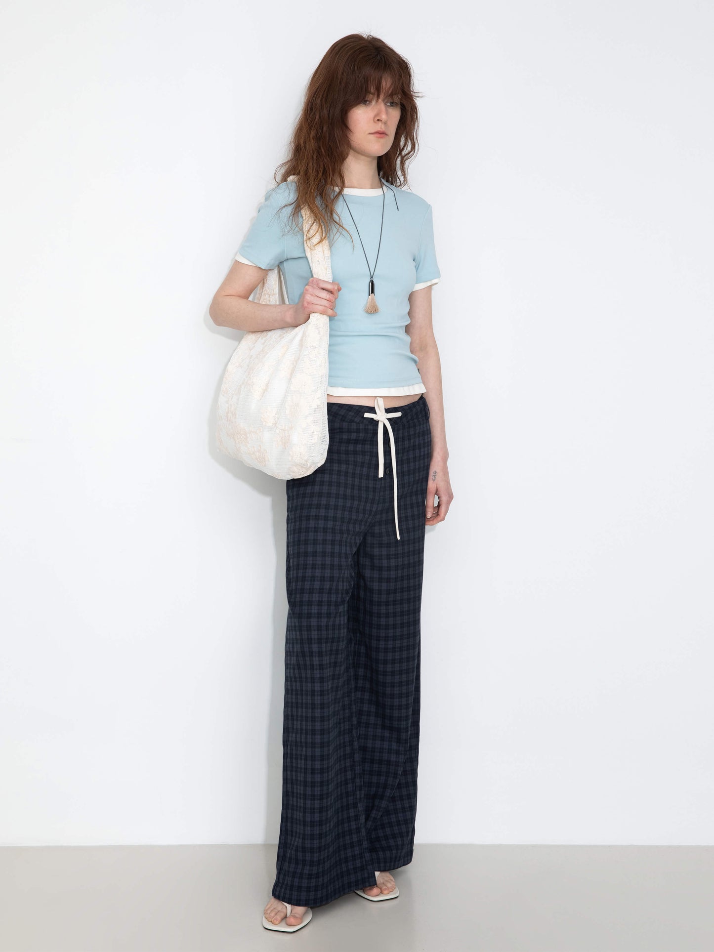 Drawstring Checkered Wide-Leg Casual Pants