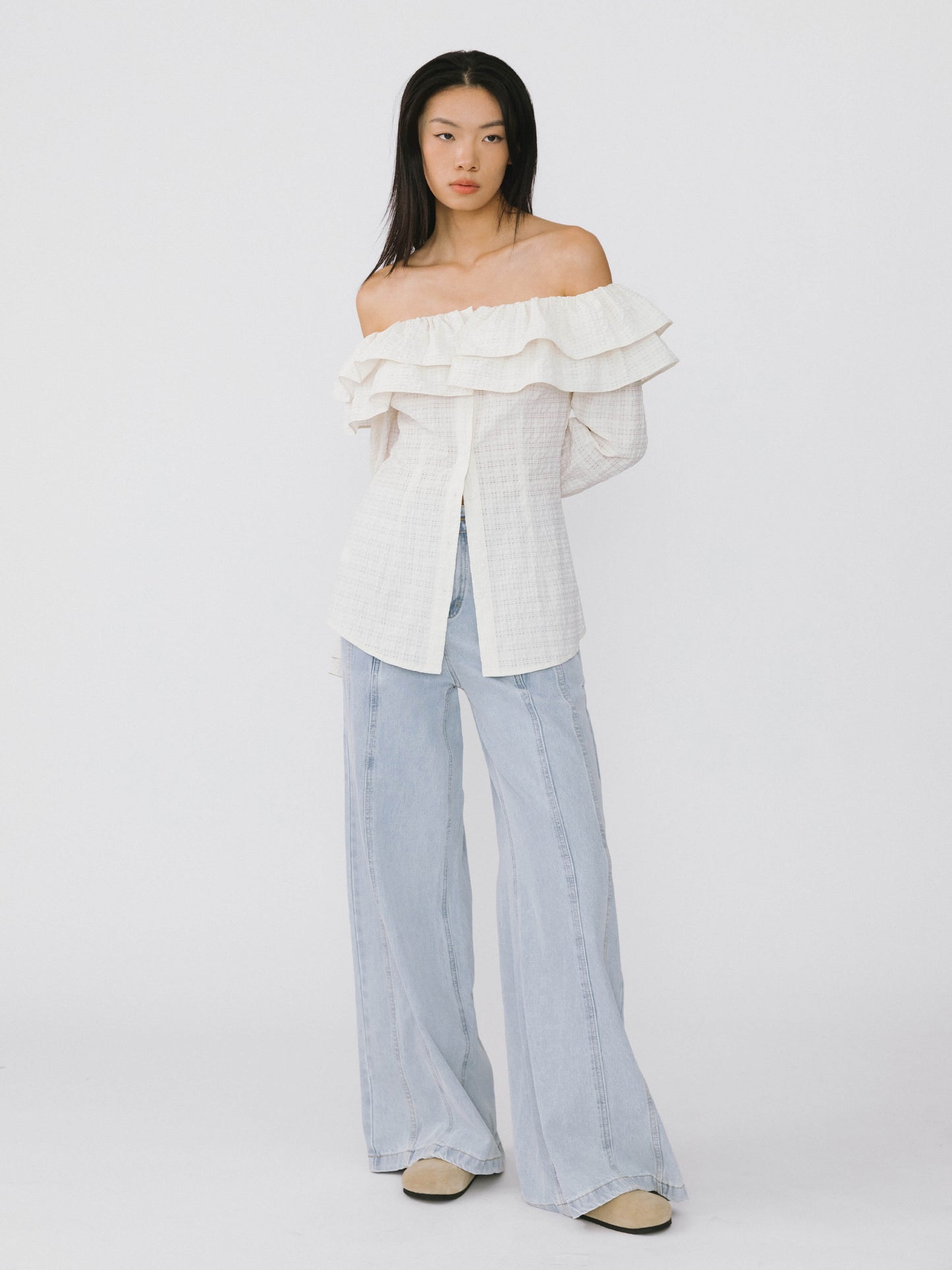 Frills Volume Off Neckline Shirt