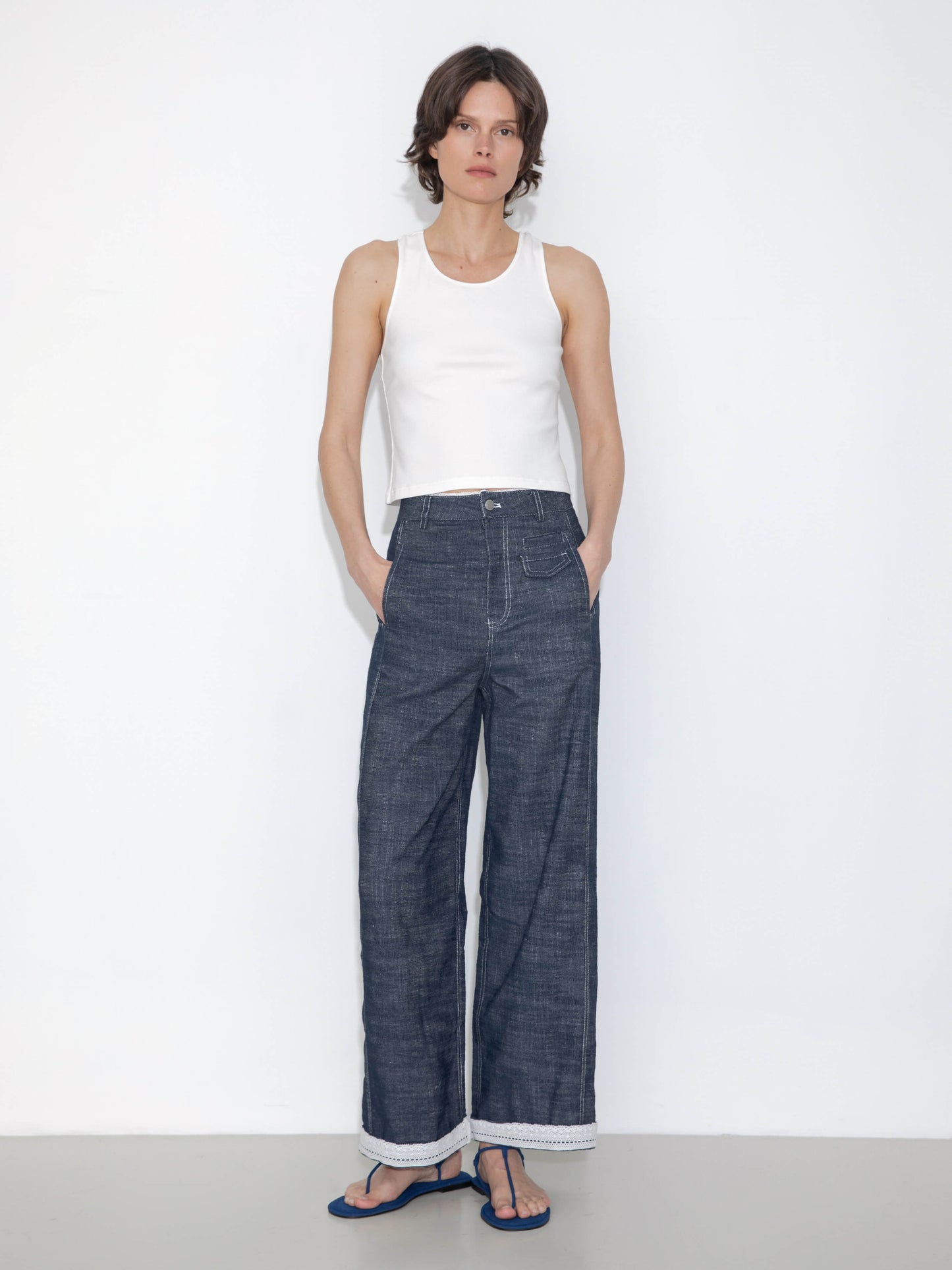 Linen-Cotton Lace Wide-Leg Straight Jeans