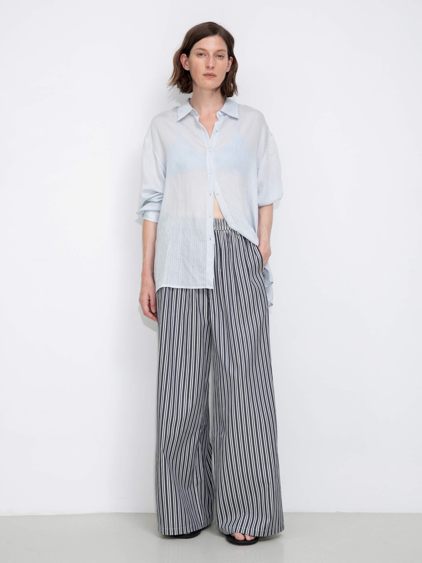 Semi-Sheer Oversized Striped Pattern Shirt