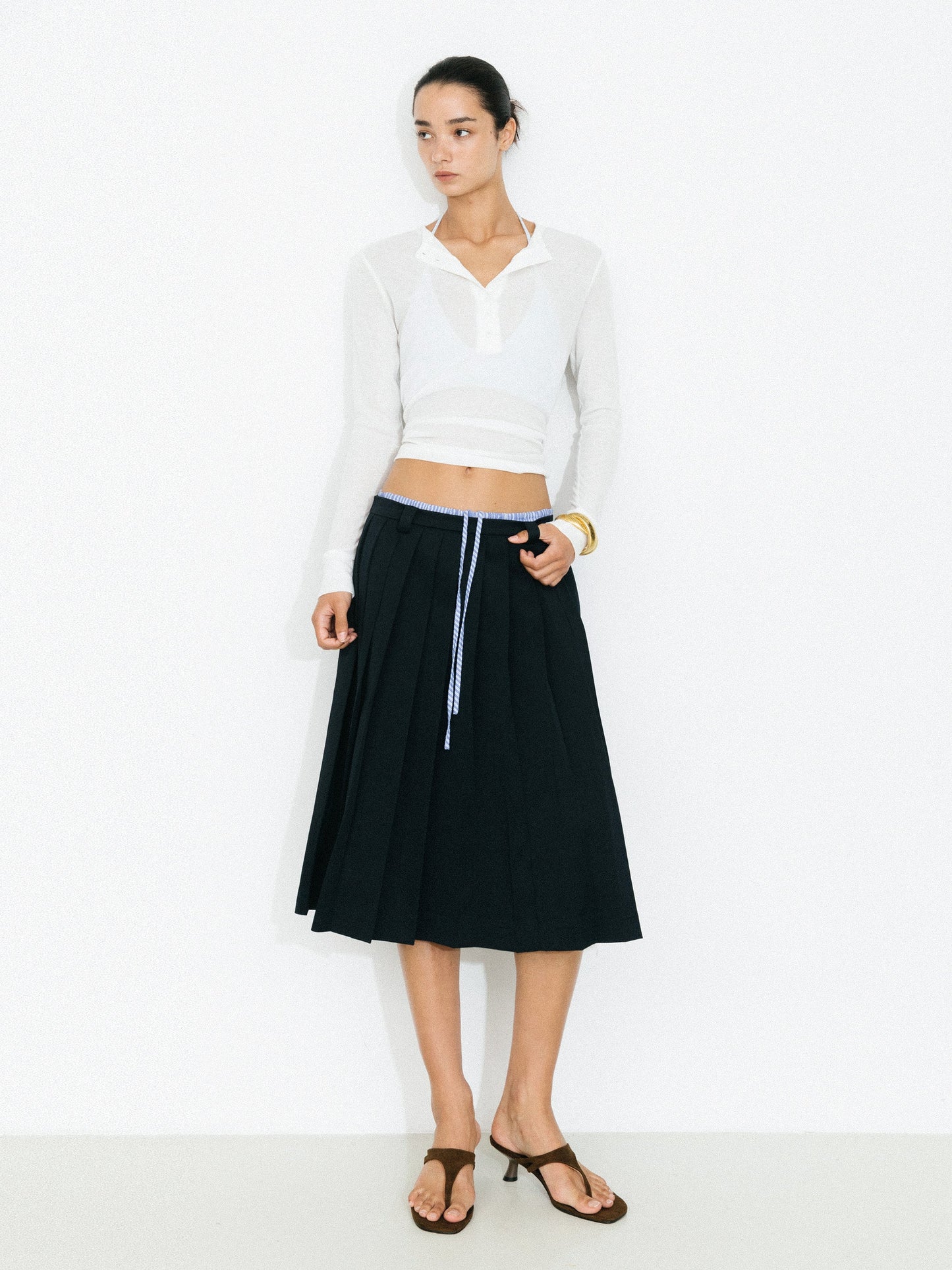 Double Waistband Contrast Pleated Skirt