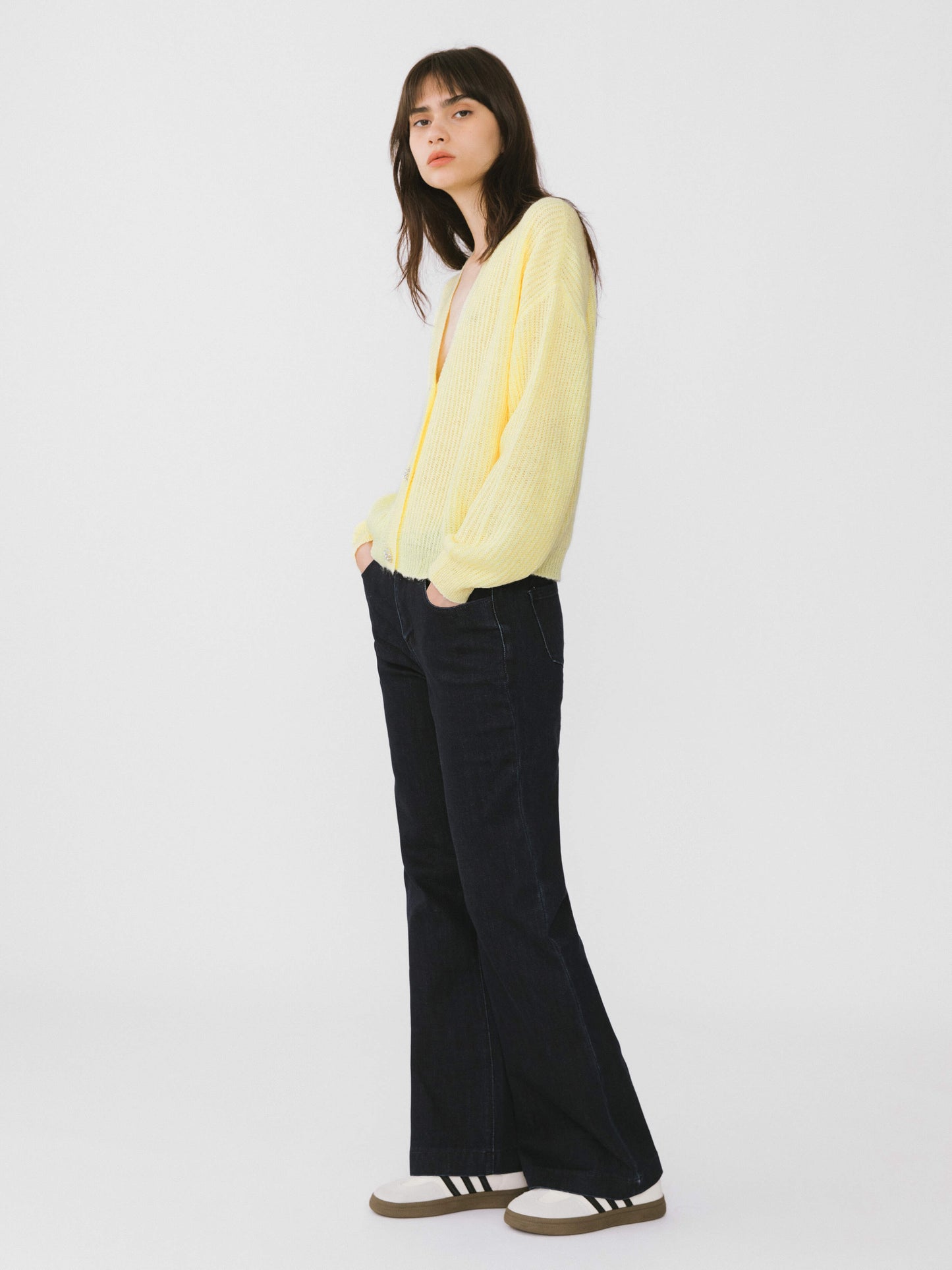 Casual V-Neck Ribbed Knit Cardigan with Wool Blend