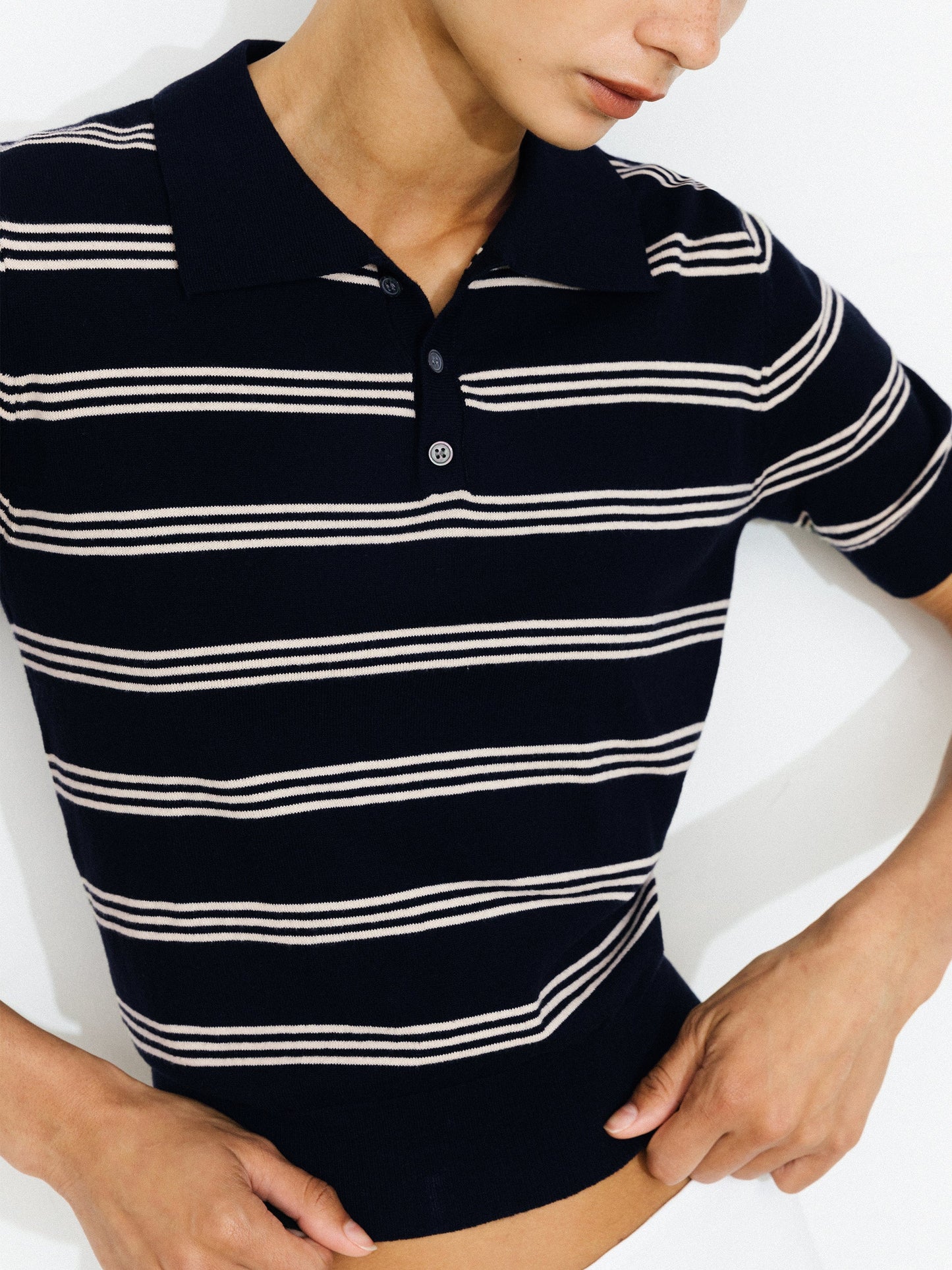 Striped Cropped Polo Collar Cotton T-Shirt