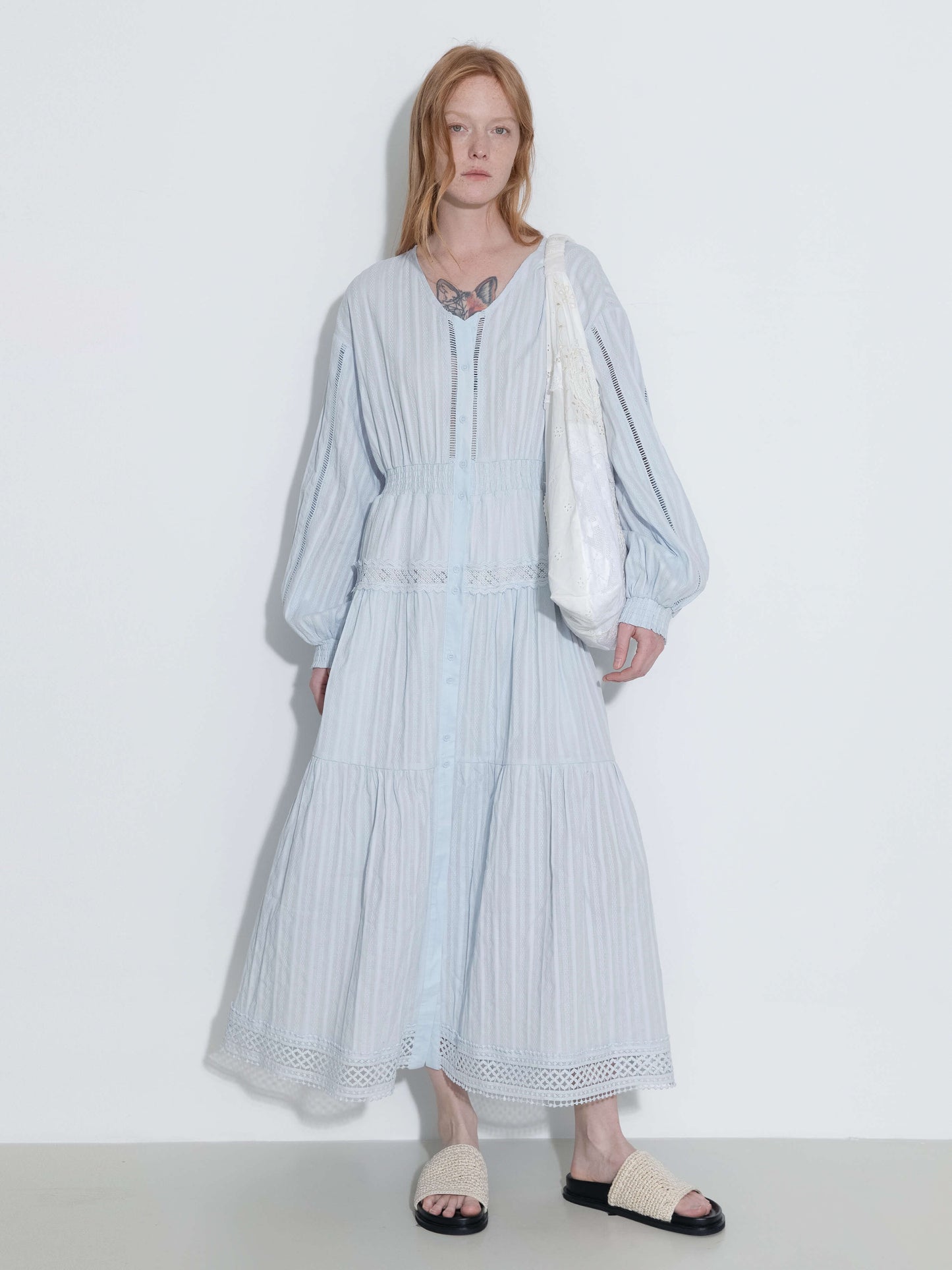100% Cotton Lace Hollow V-Neck Waist-Cinched Maxi Dress