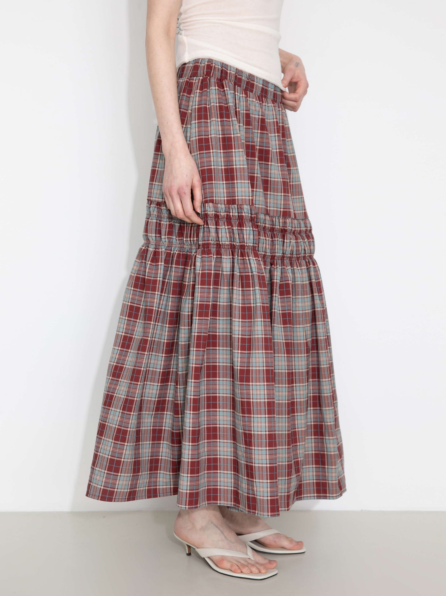 Elastic Drawstring High Waist Checked Skirt