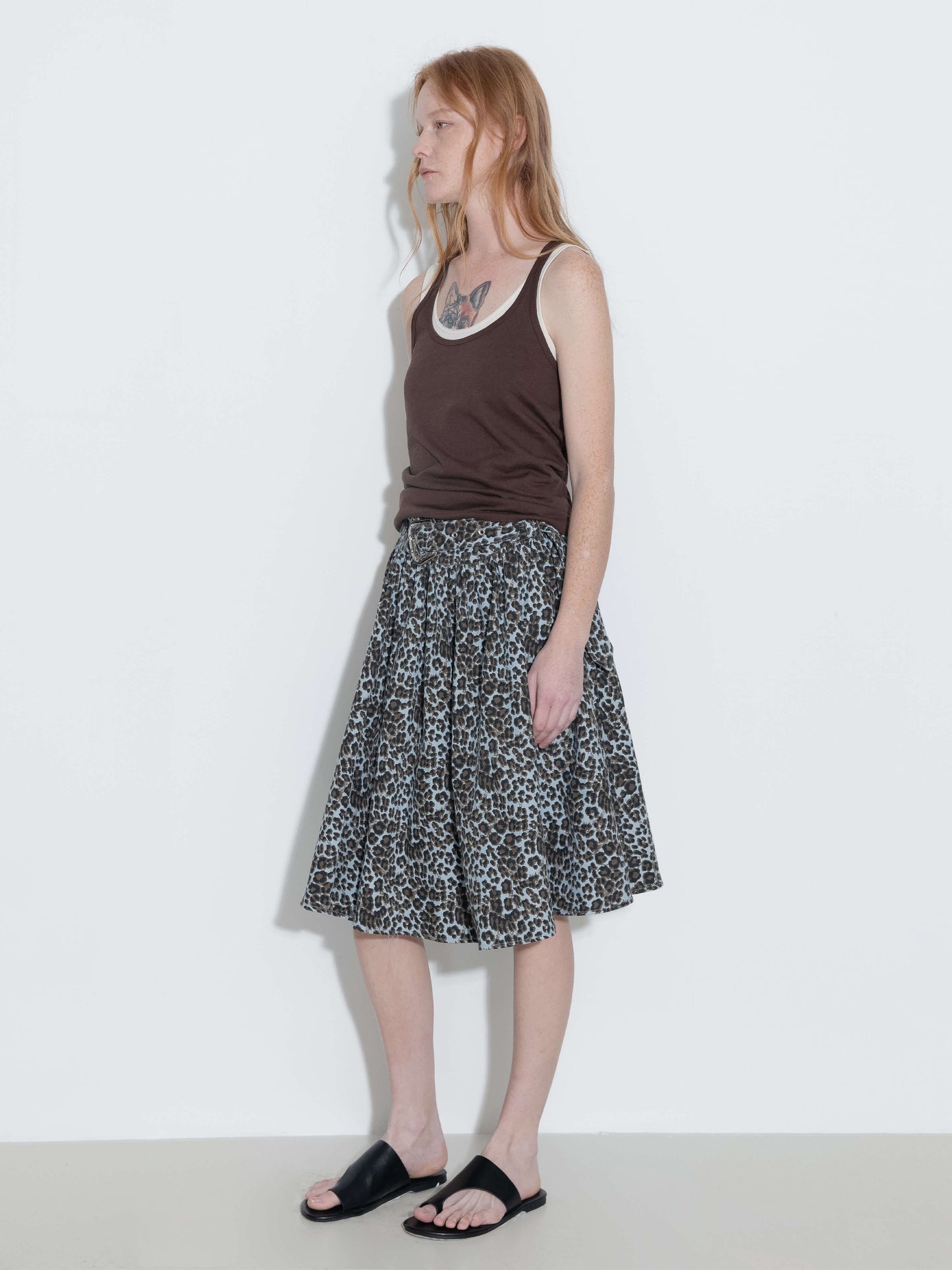 Leopard Print Pleated A-Line Skirt with Belt