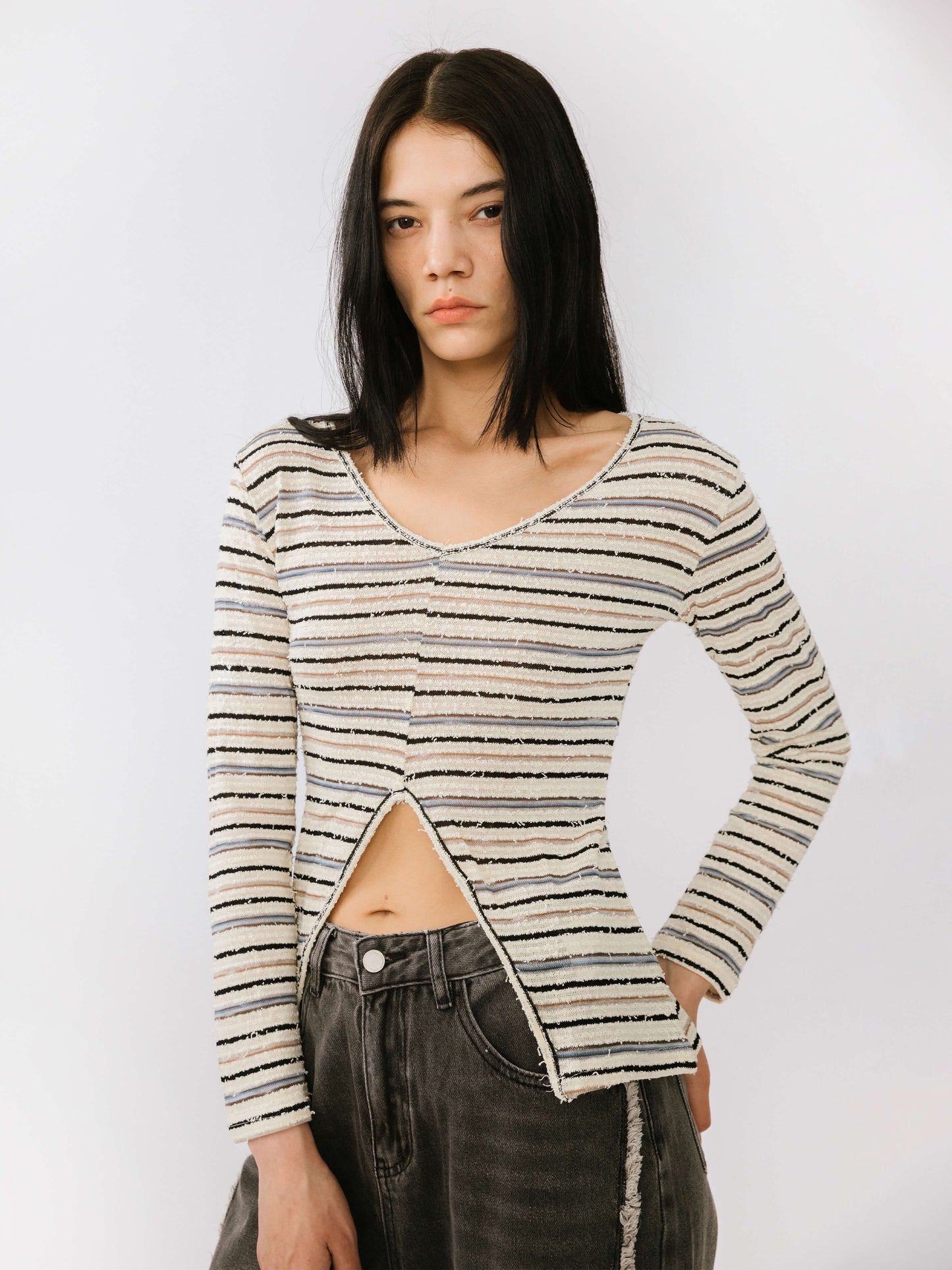 Front Slit Striped Long Sleeve Top