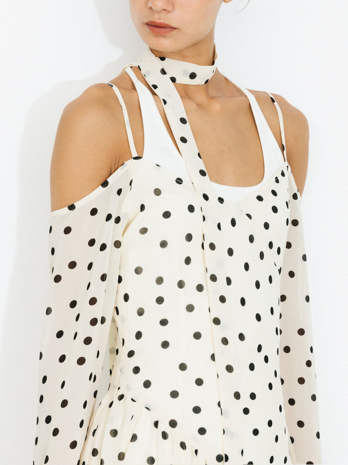 Polka Dot Off-Shoulder Cami Sleeve Maxi Dress