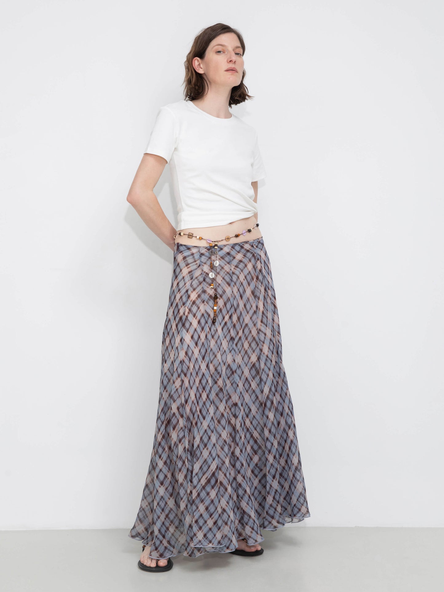 Asymmetrical Flowy Check Maxi Skirt-Blue