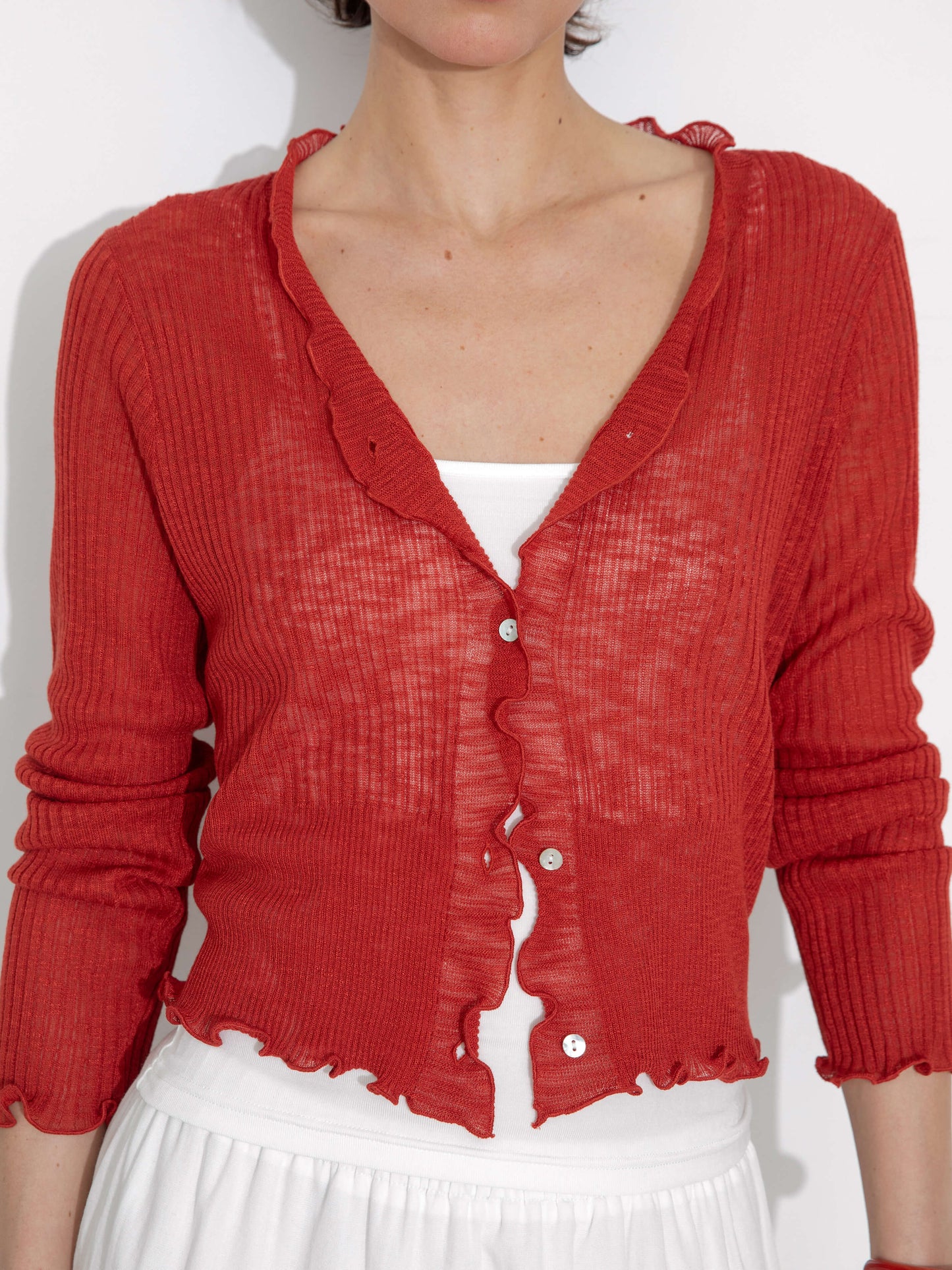V-Neck Knit Cardigan with Ruffled Long Sleeves