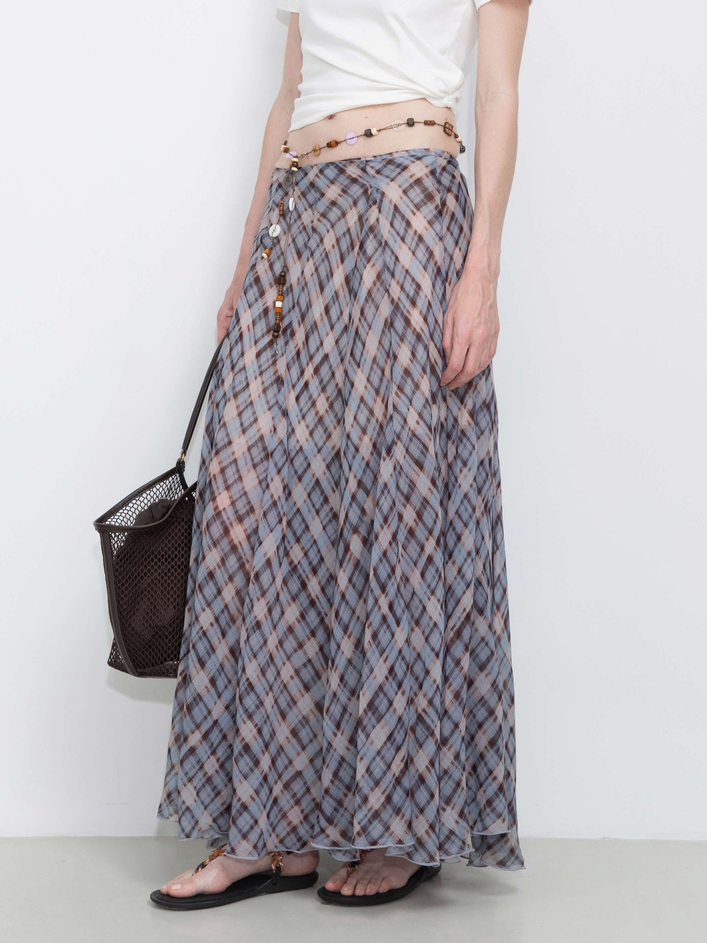 Asymmetrical Flowy Check Maxi Skirt-Blue