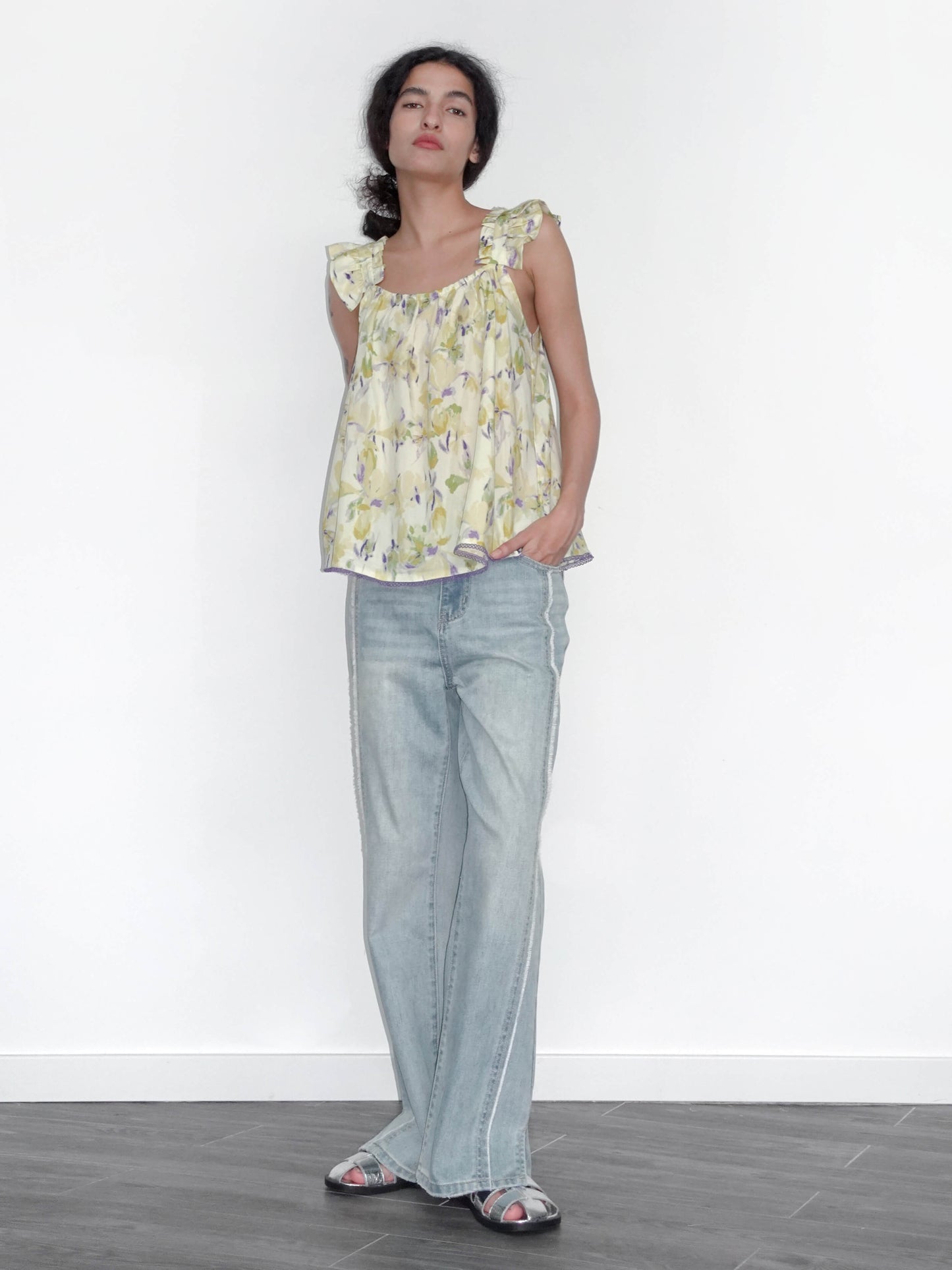 Yellow Floral Print Ruffle Cami Top