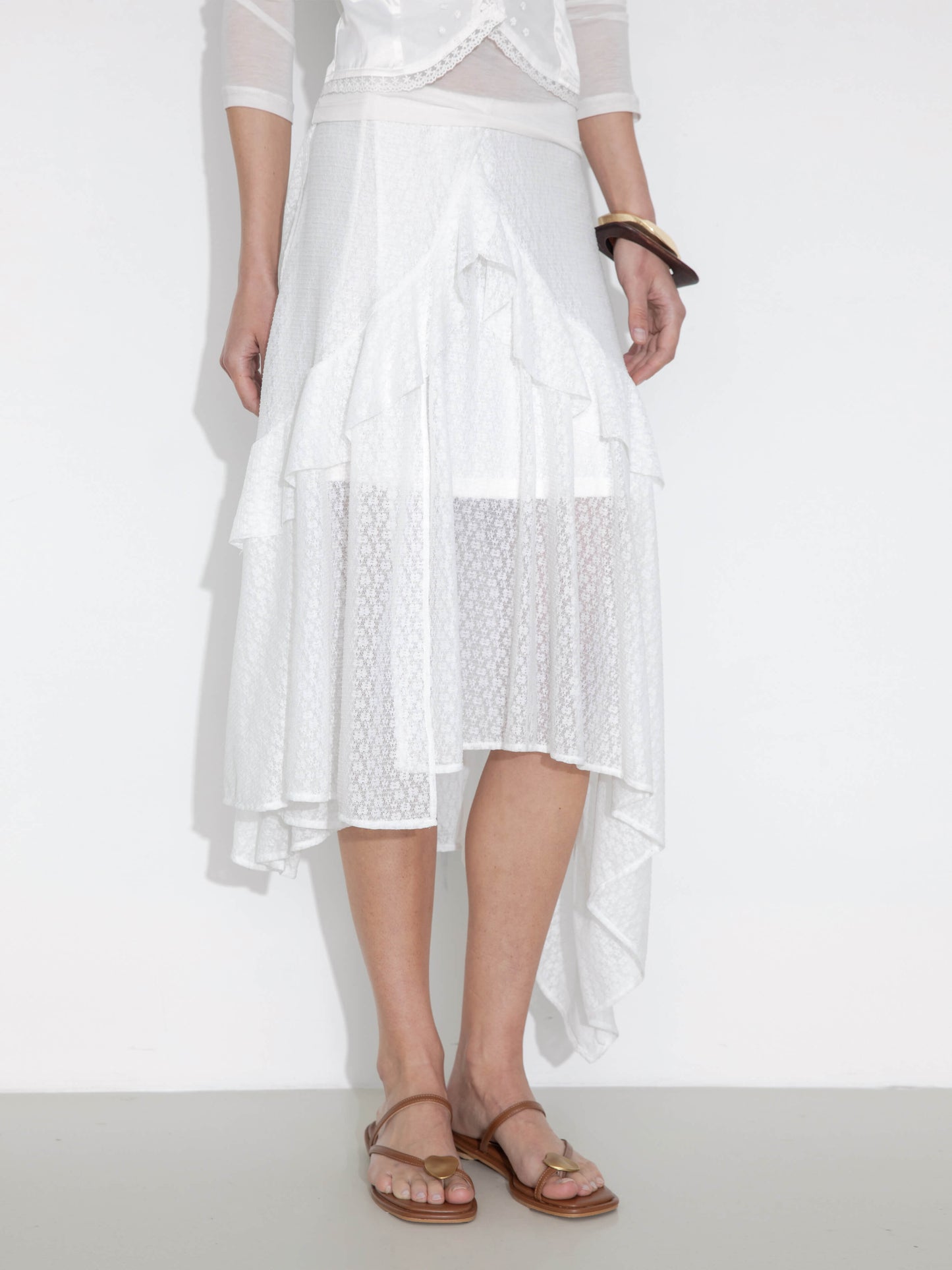 Asymmetrical Ruffled Floral Eyelet Skirt
