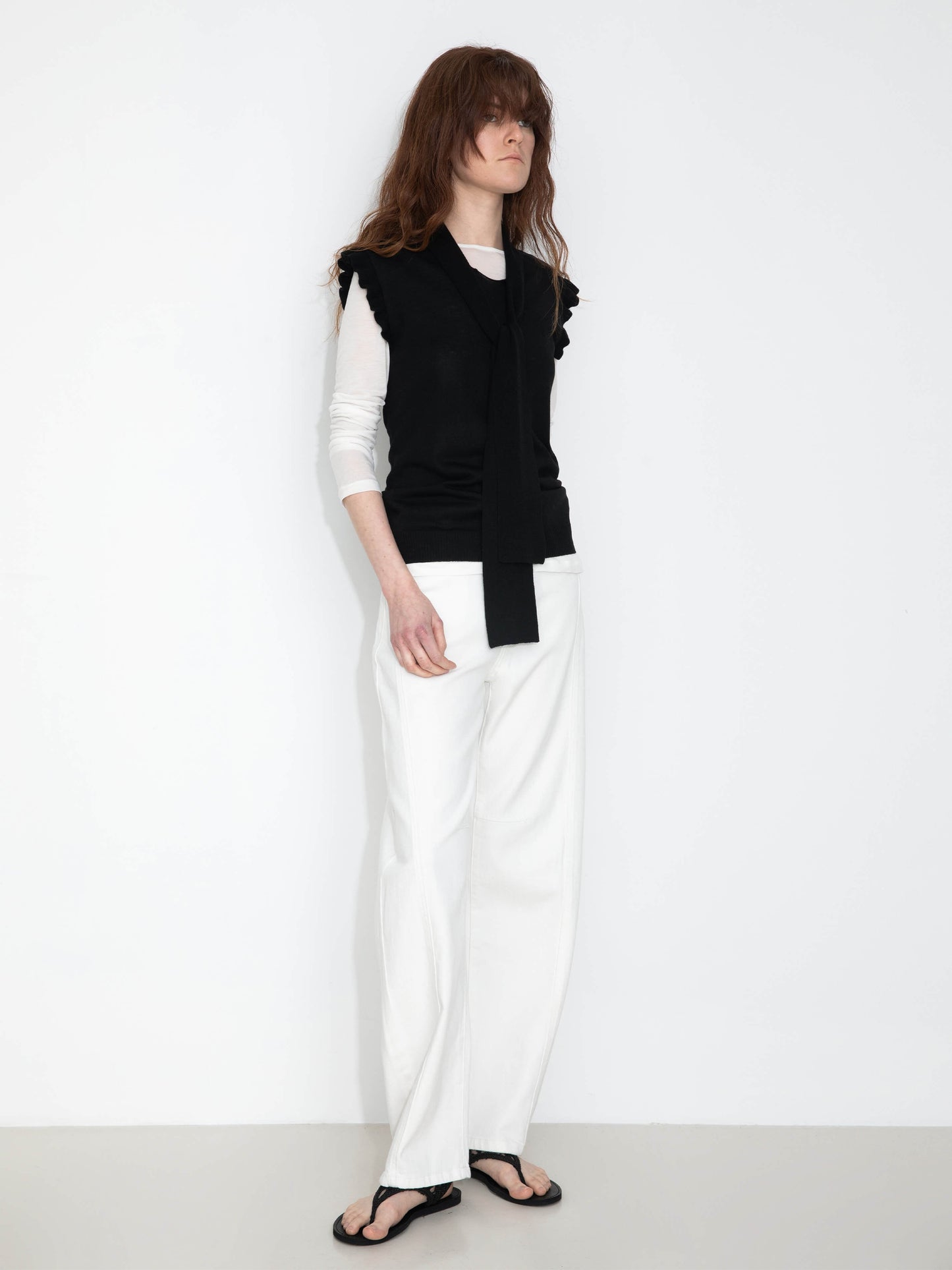 Ruffled Sleeve Sleeveless Knit Top with Attached Scarf
