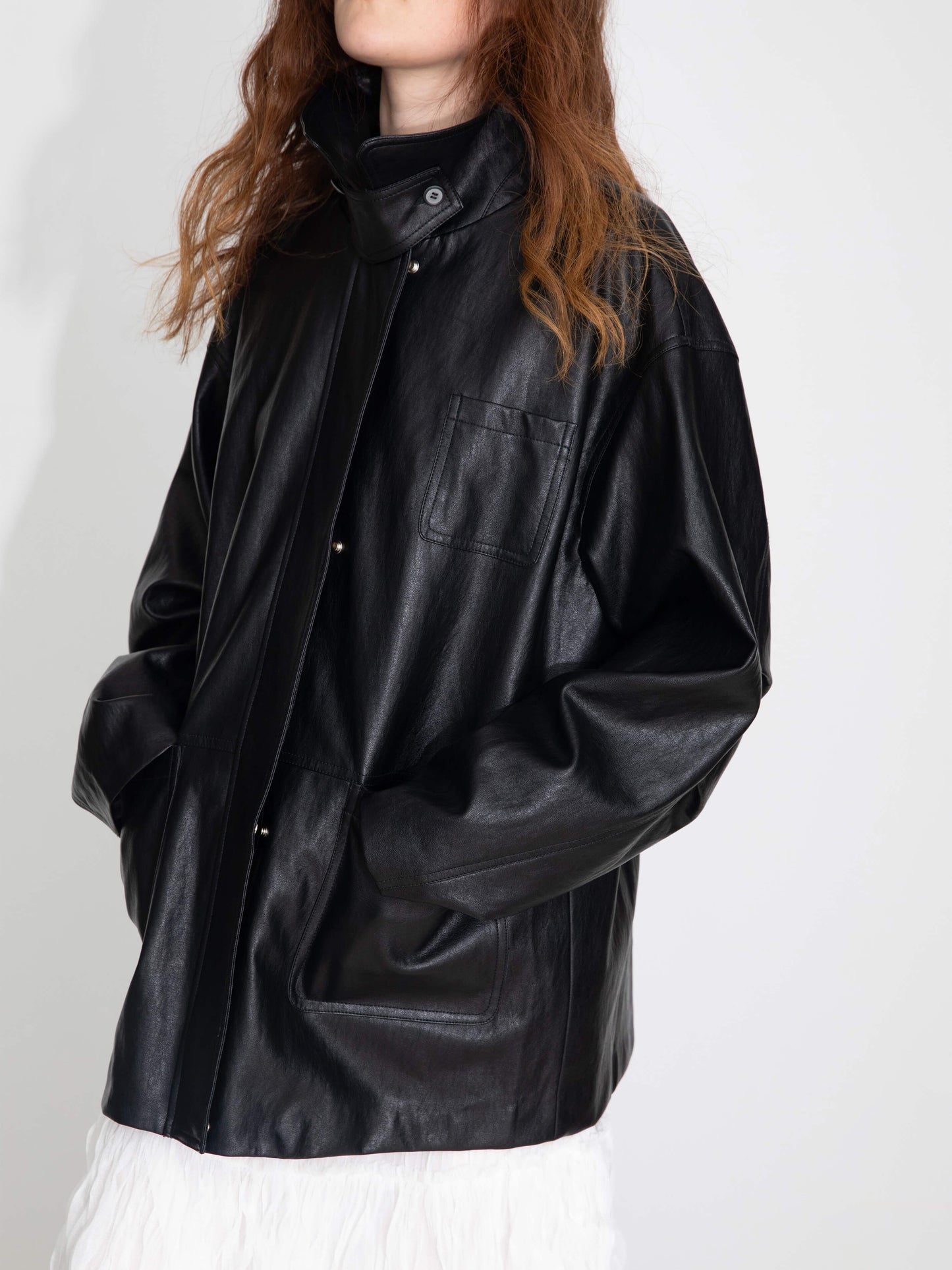 Stand Collar Oversized Leather Jacket