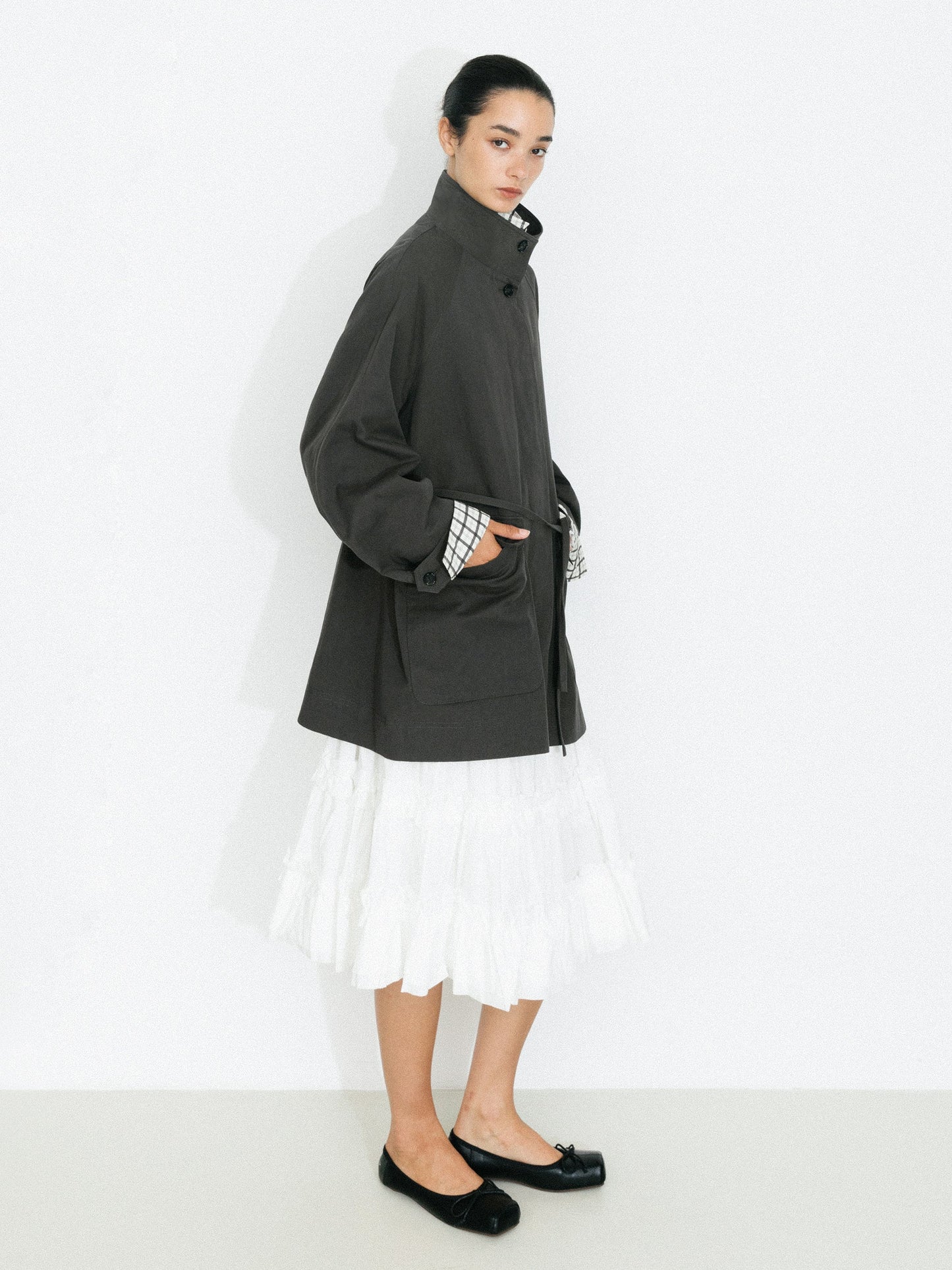 100% Cotton Stand Collar Mid-Length Tie-Waist Trench Coat
