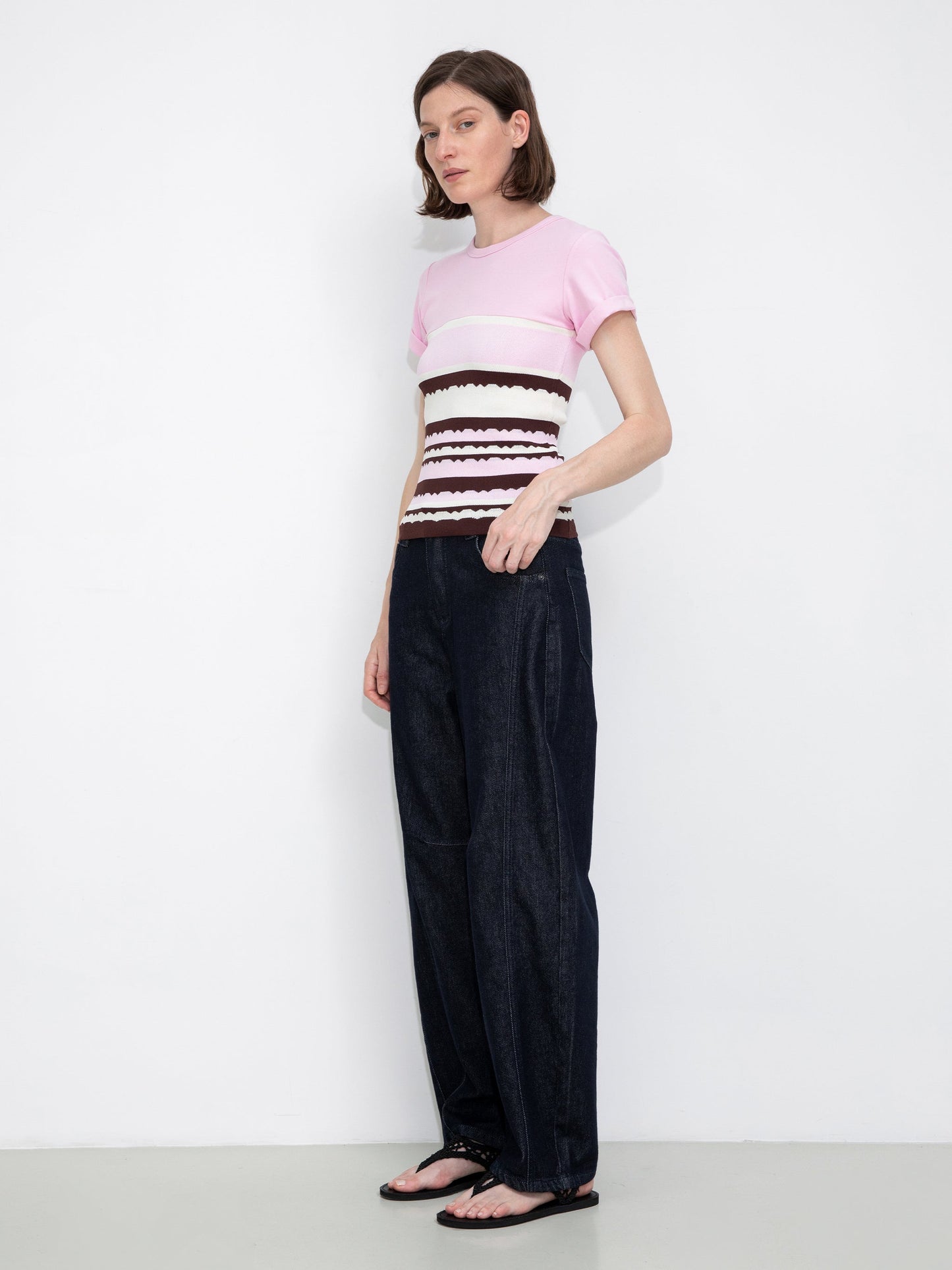 Round Neck Striped Color Block Knitted T-shirt