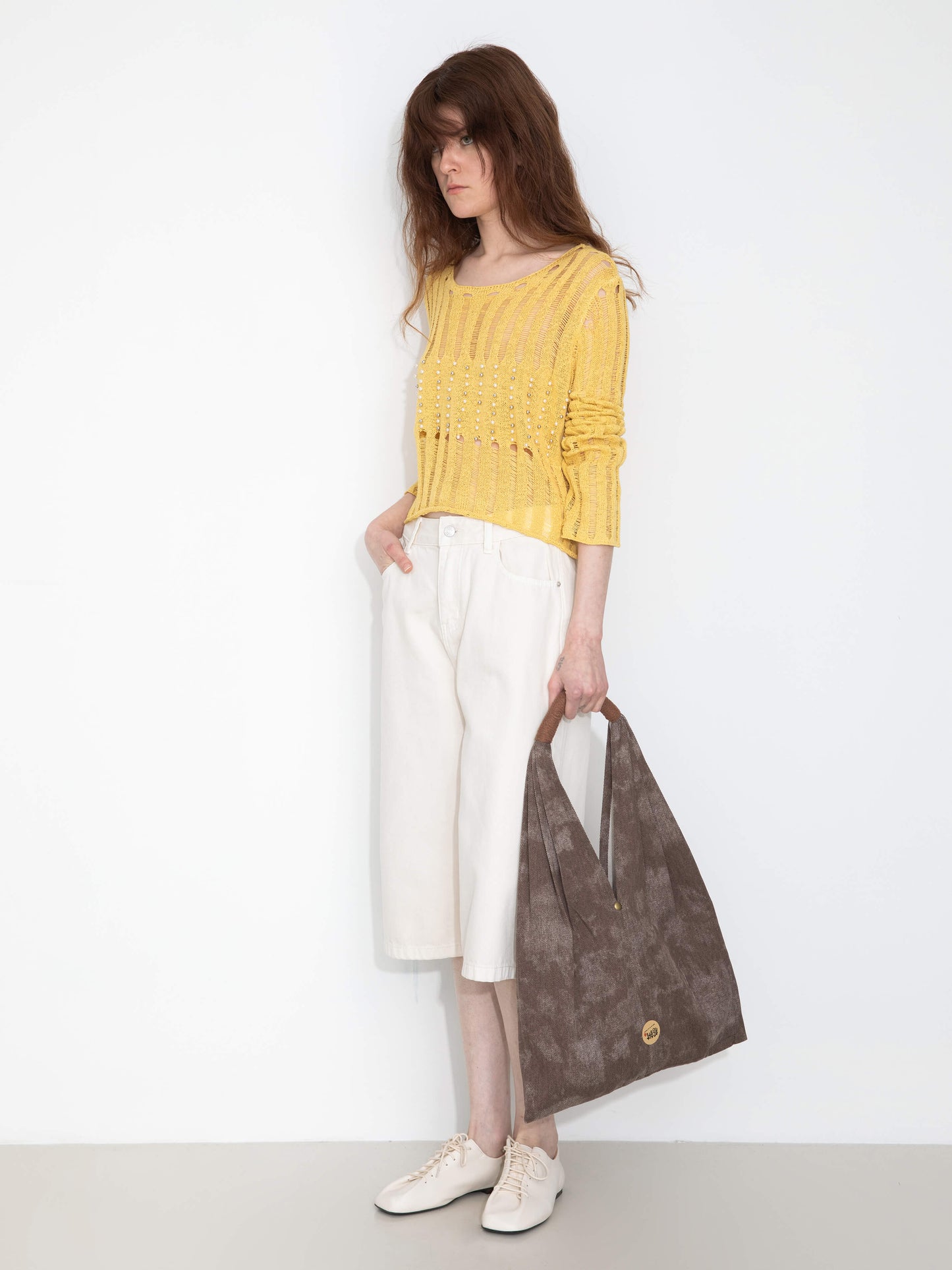 Beaded Hollow-Out Knit Top with Flare Sleeves
