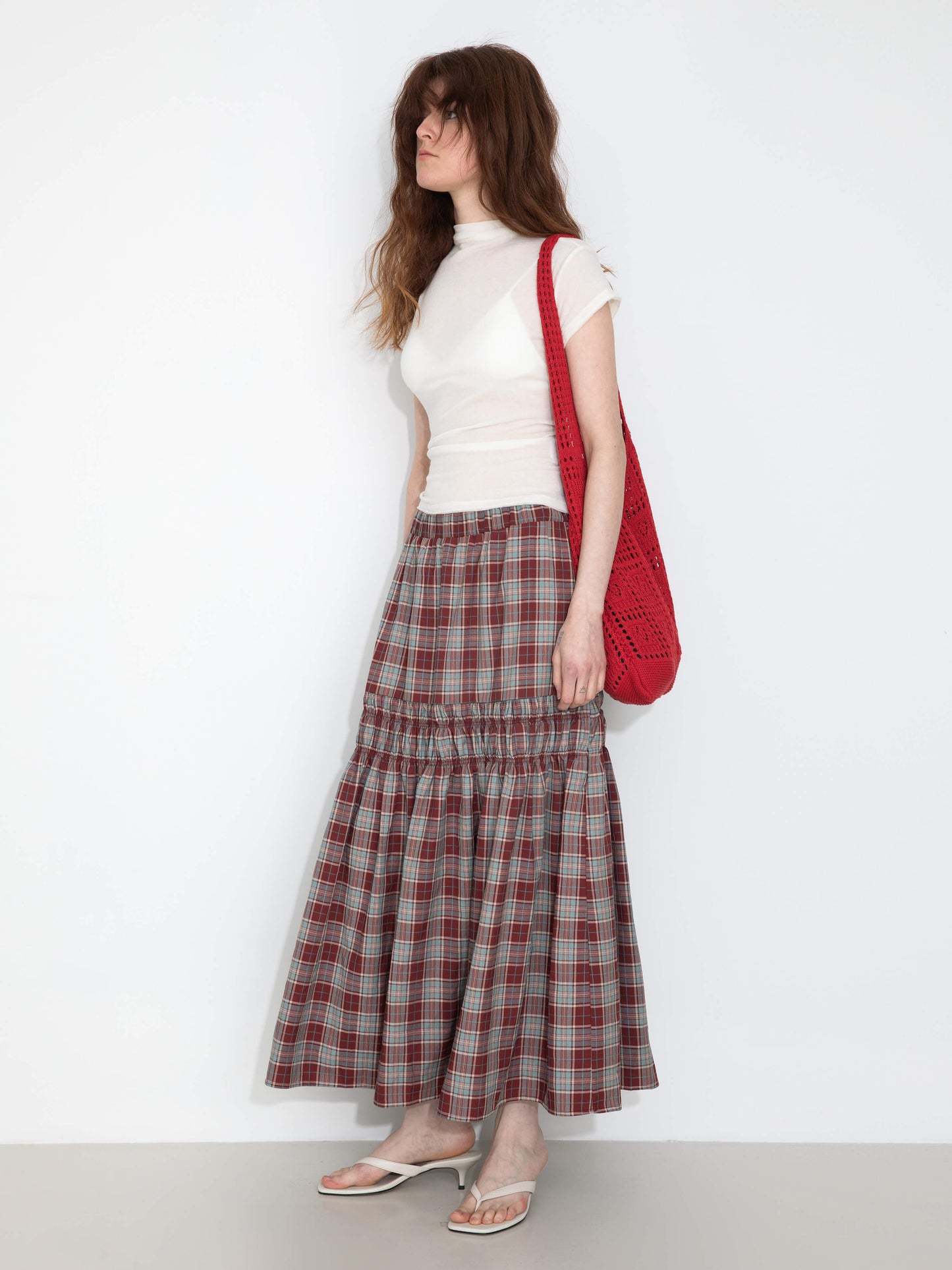 Elastic Drawstring High Waist Checked Skirt
