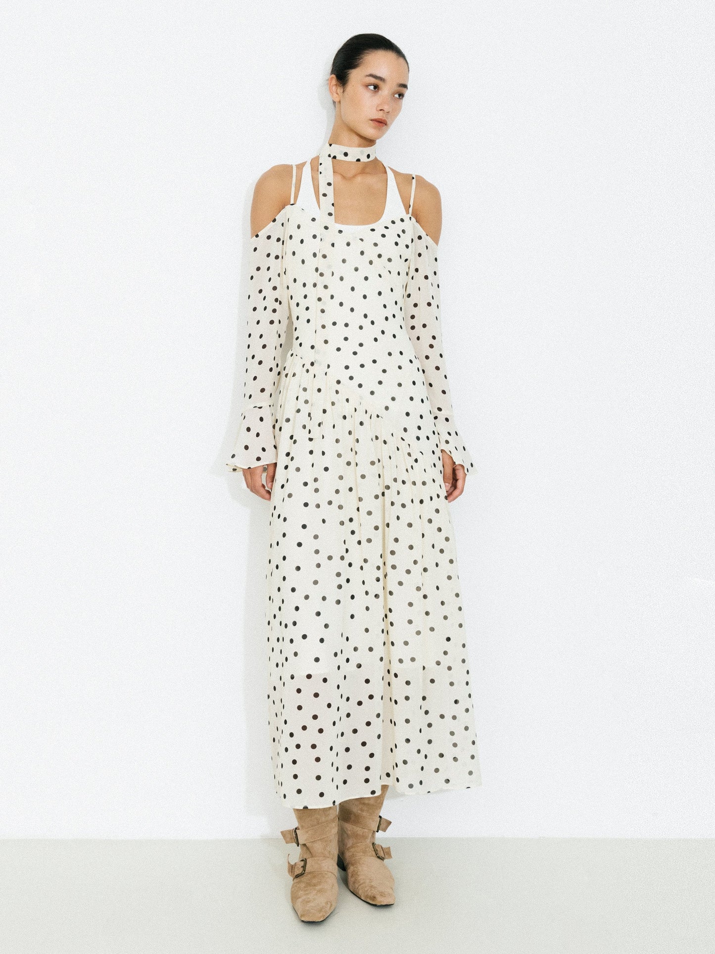 Polka Dot Off-Shoulder Cami Sleeve Maxi Dress