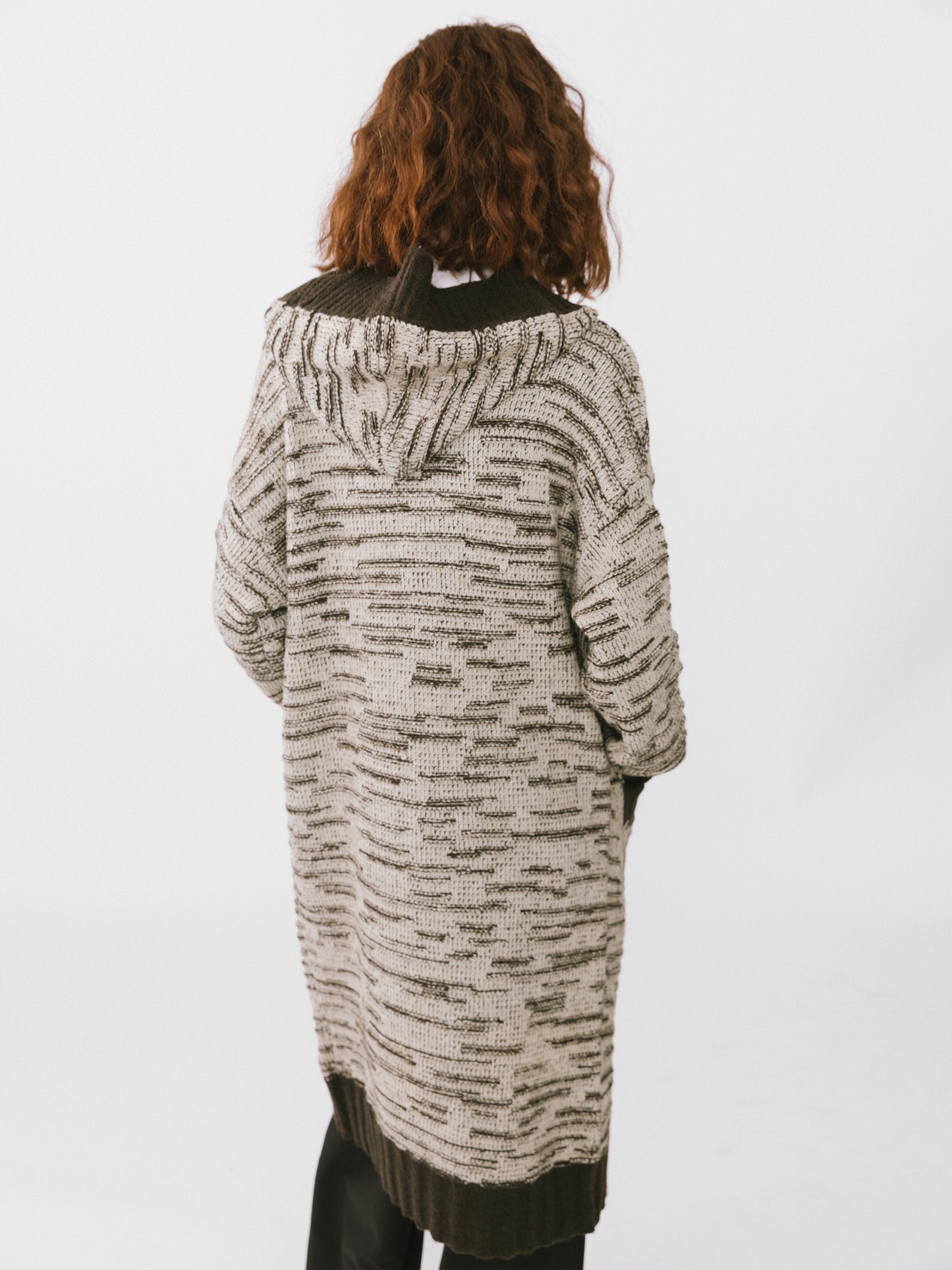 Contrasting Hooded Long Knitted Cardigan