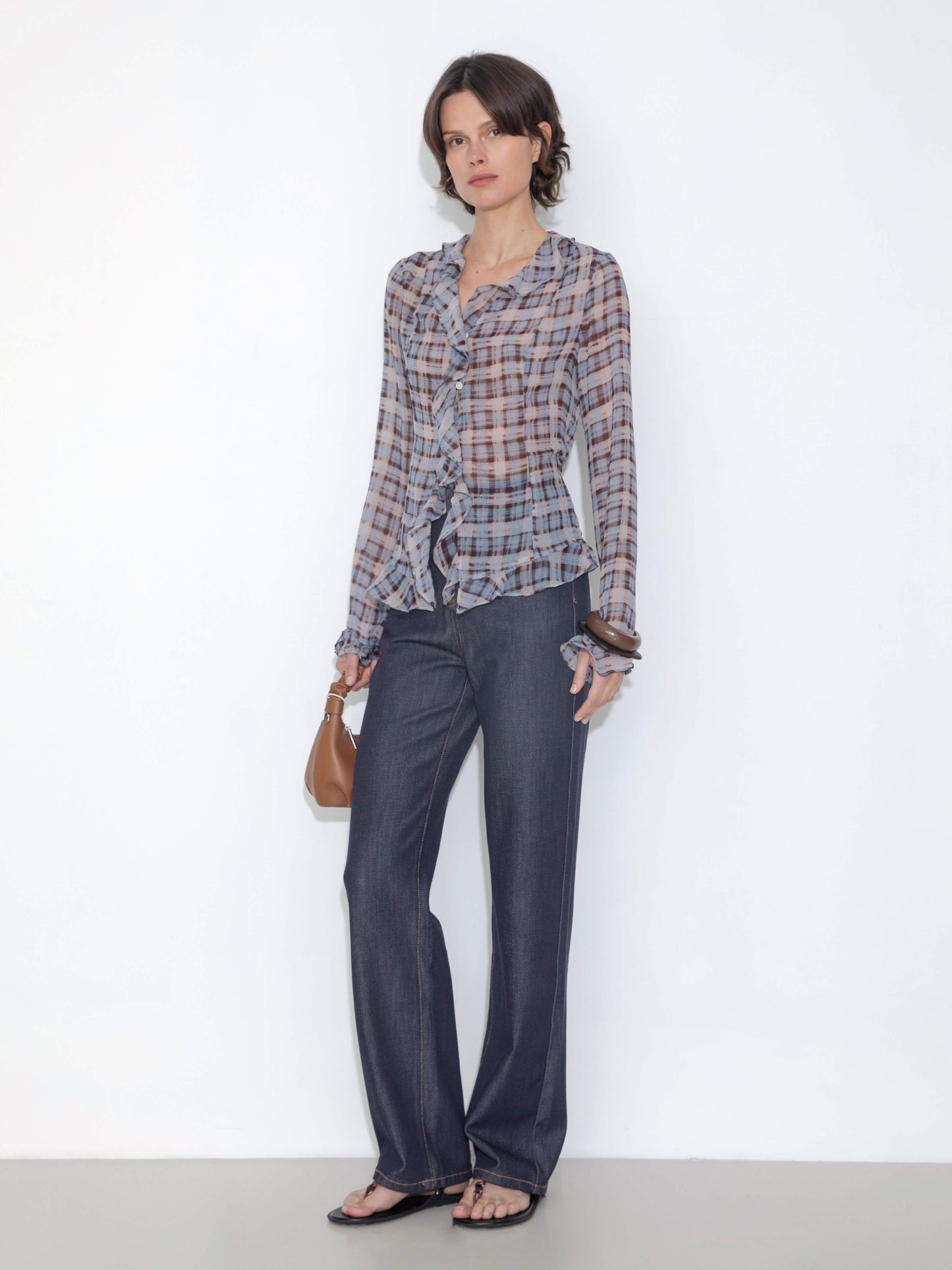 Semi-Sheer Ruffle Trim Check Shirt