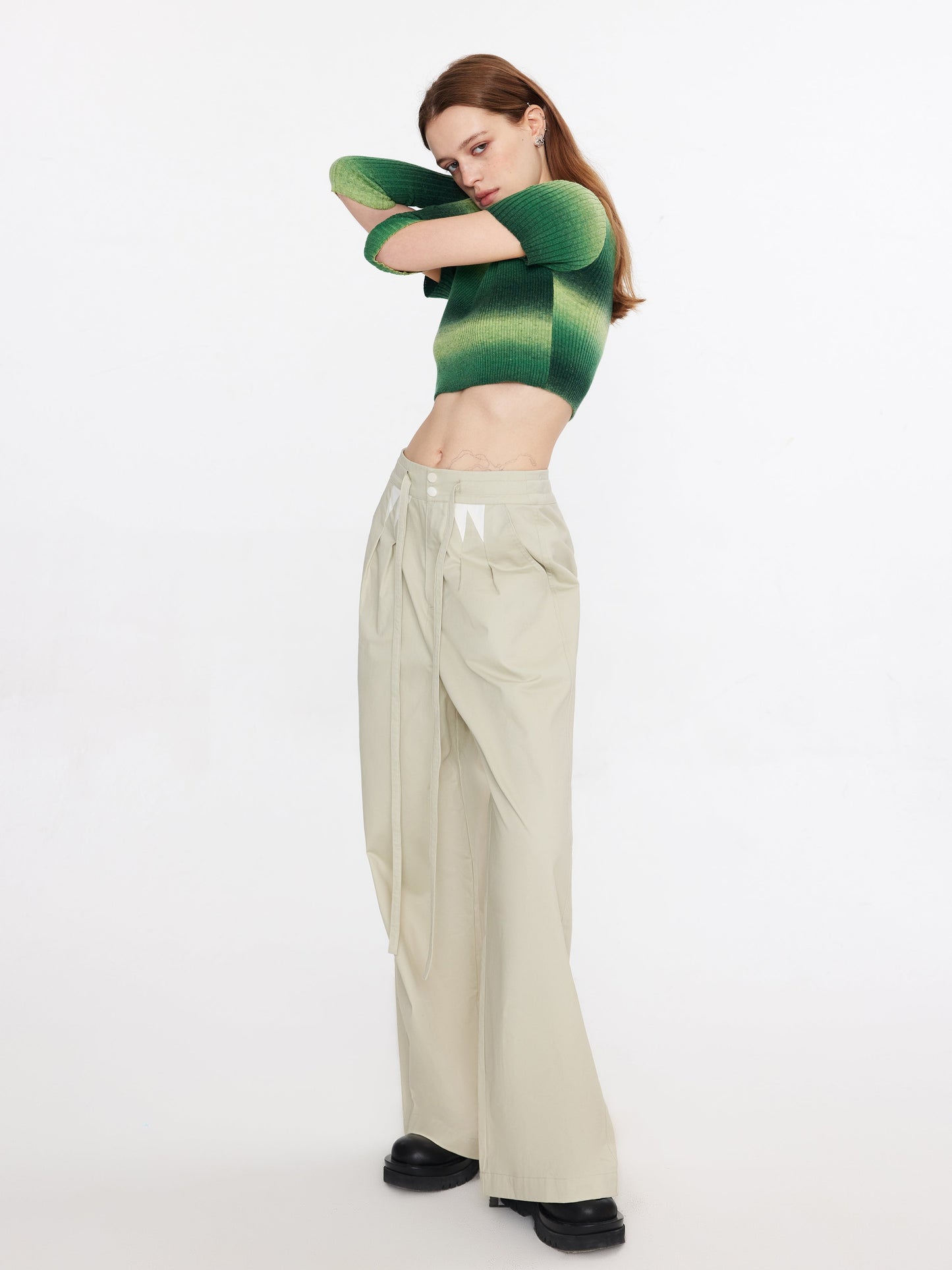 Striped Cropped Knit T-Shirt With Sleeves