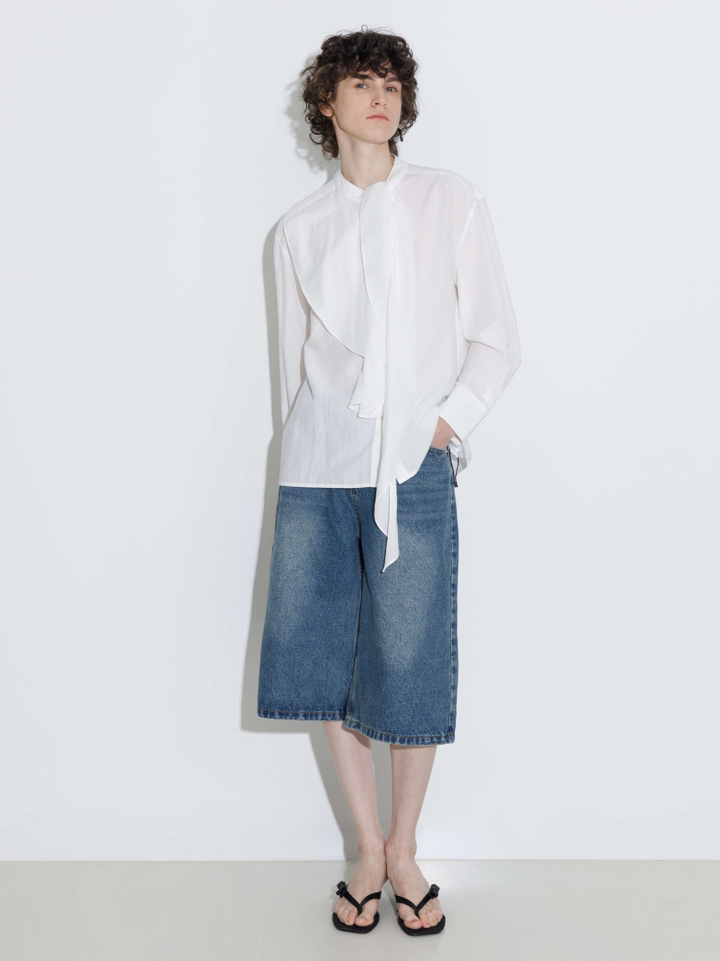 Ruffle Neck Tie Long Sleeve Shirt