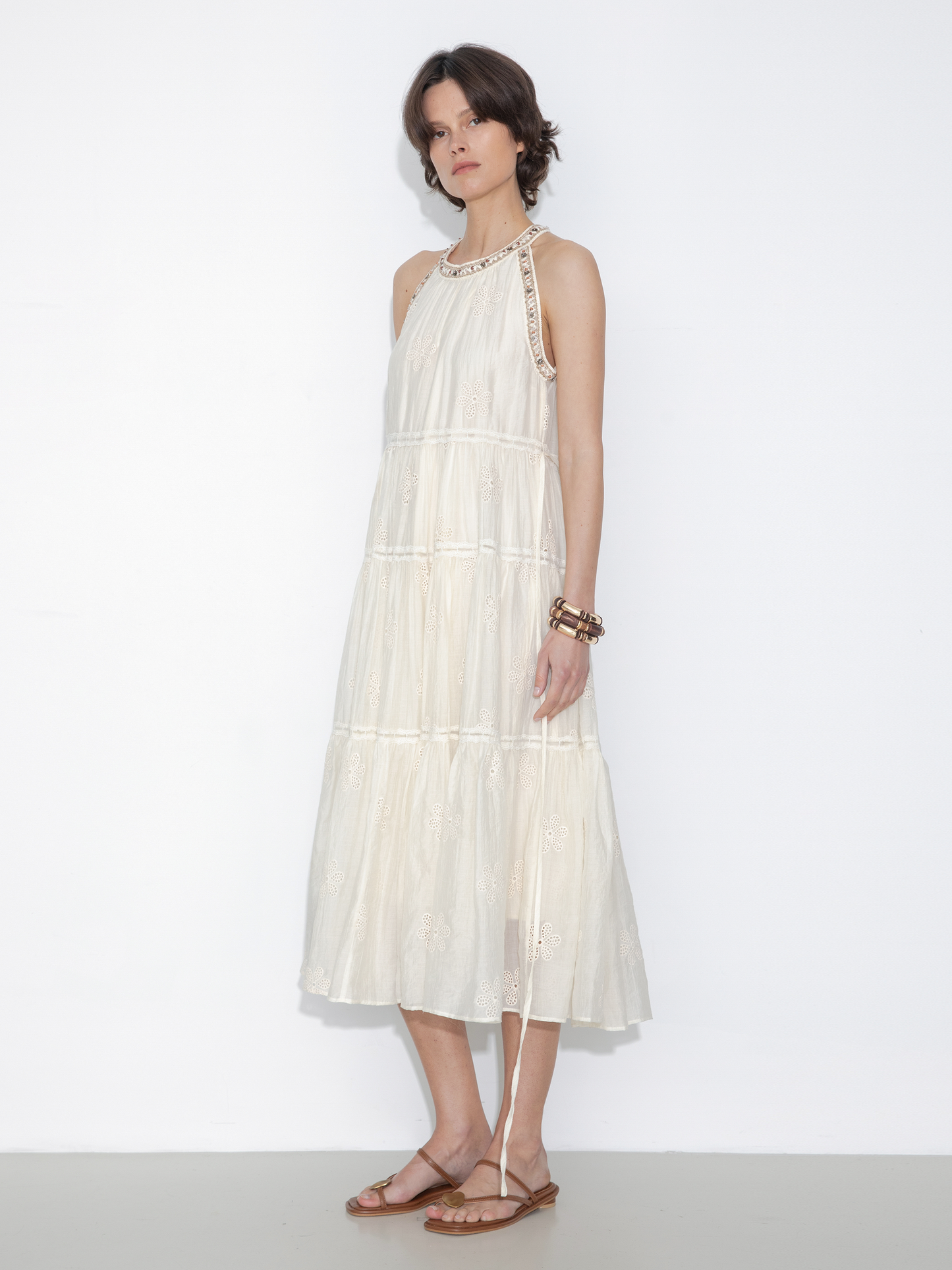 A-Line Halter Round-Neck Embroidered Maxi Dress