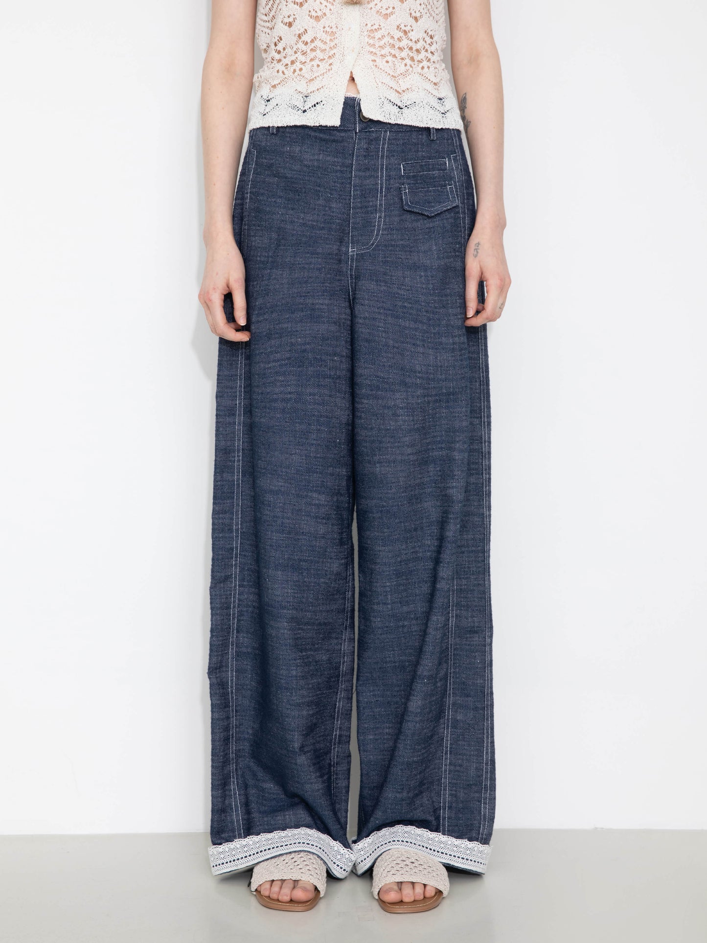 Linen-Cotton Lace Wide-Leg Straight Jeans