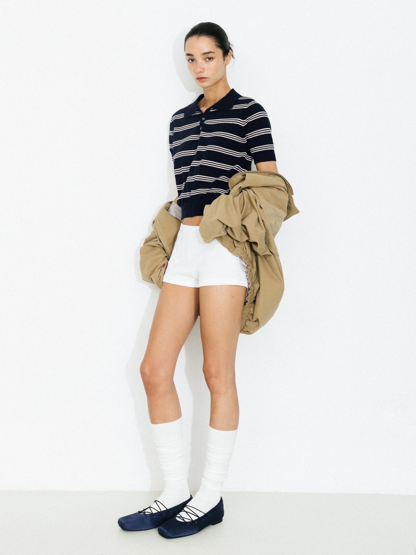 Striped Cropped Polo Collar Cotton T-Shirt