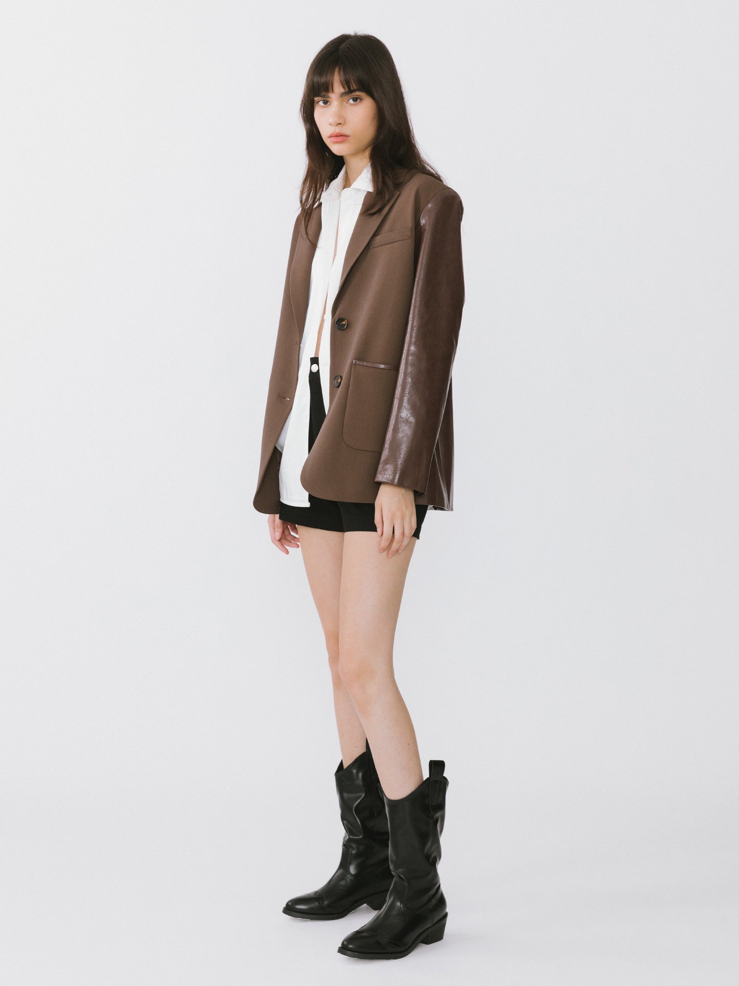 Faux Leather and Wool Oversized Blazer