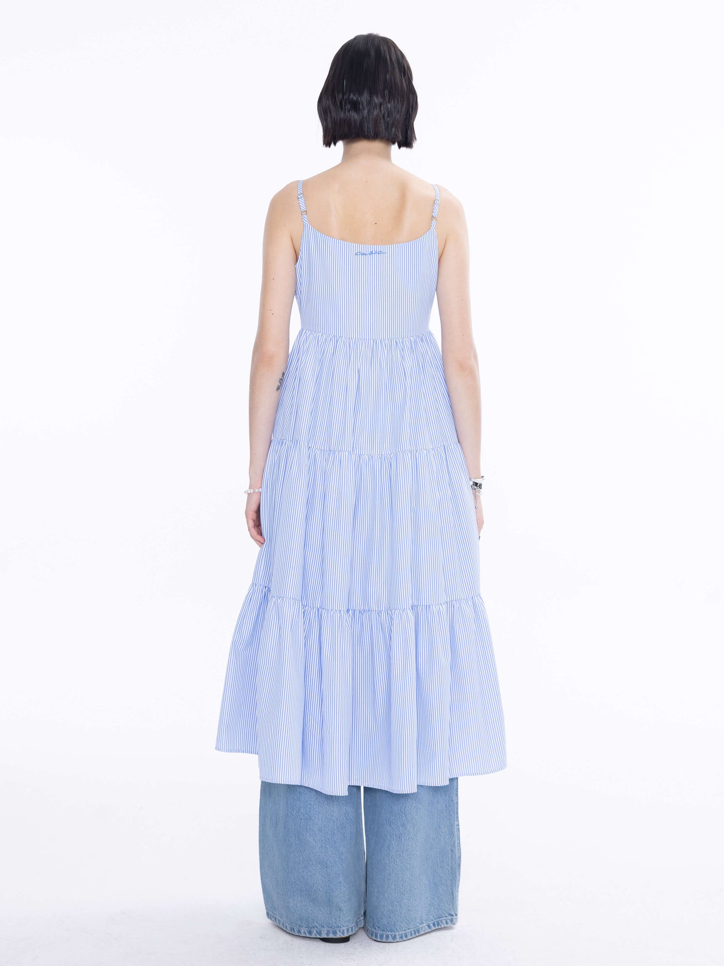 Pinstripe Spaghetti Strap Tiered Dress
