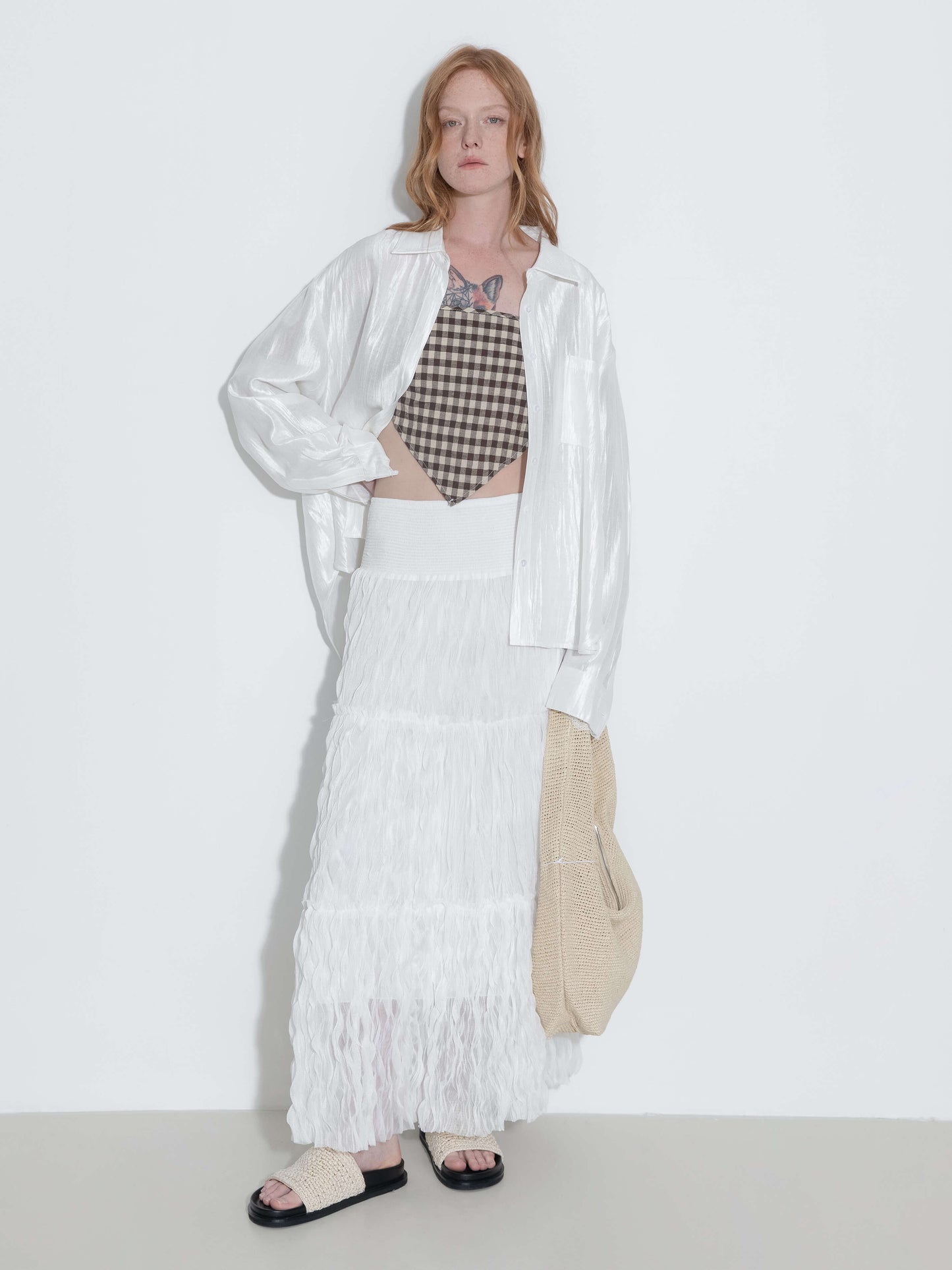 White Wavy Draped Midi Skirt